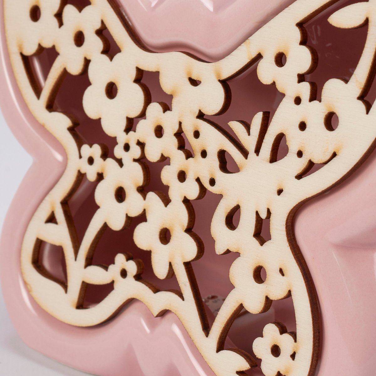 Charming Pink Ceramic Lighted Butterfly Figurine with Floral Wood Insert