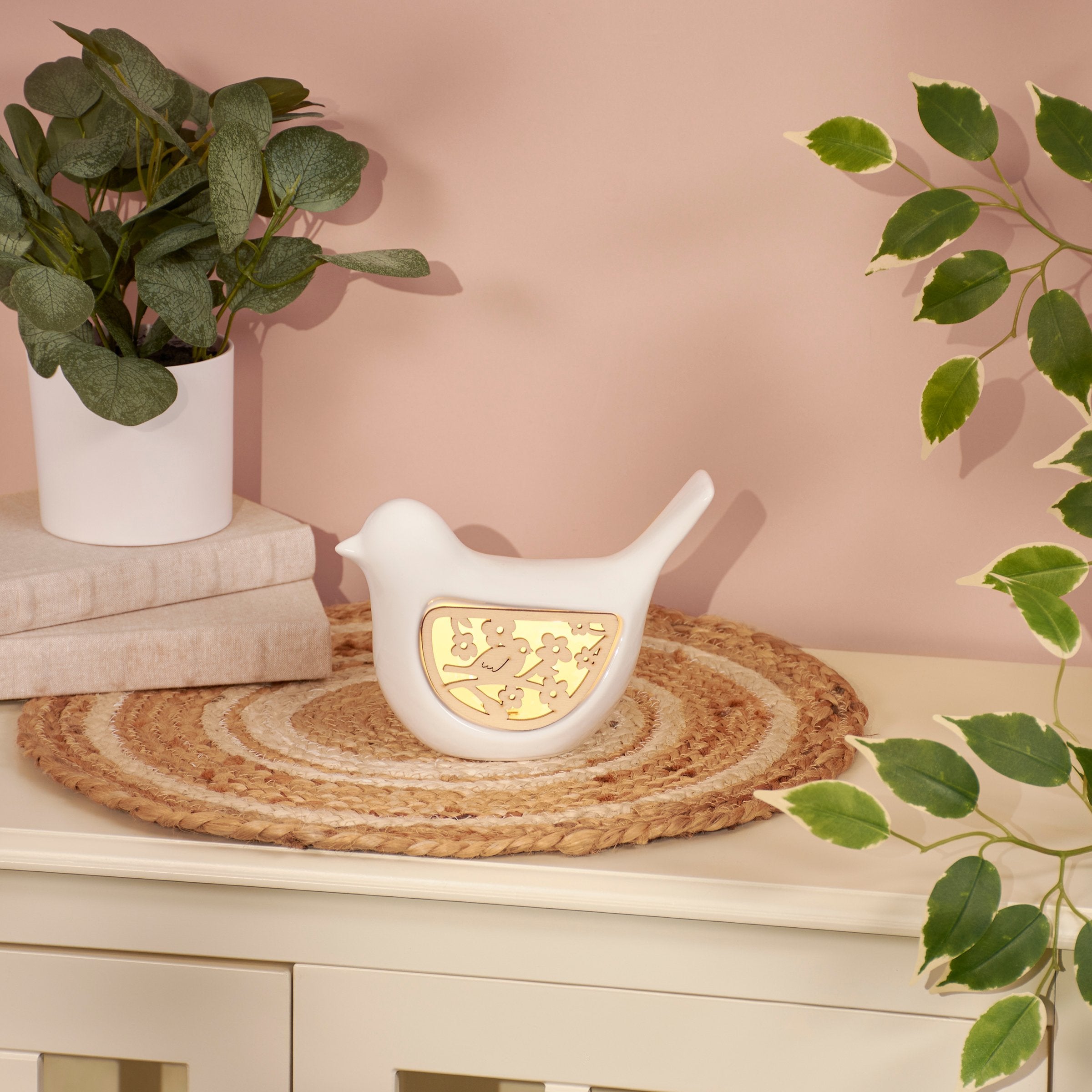 Charming Lighted Ceramic Bird Figurine: Wood LED Spring Home Decor Accent