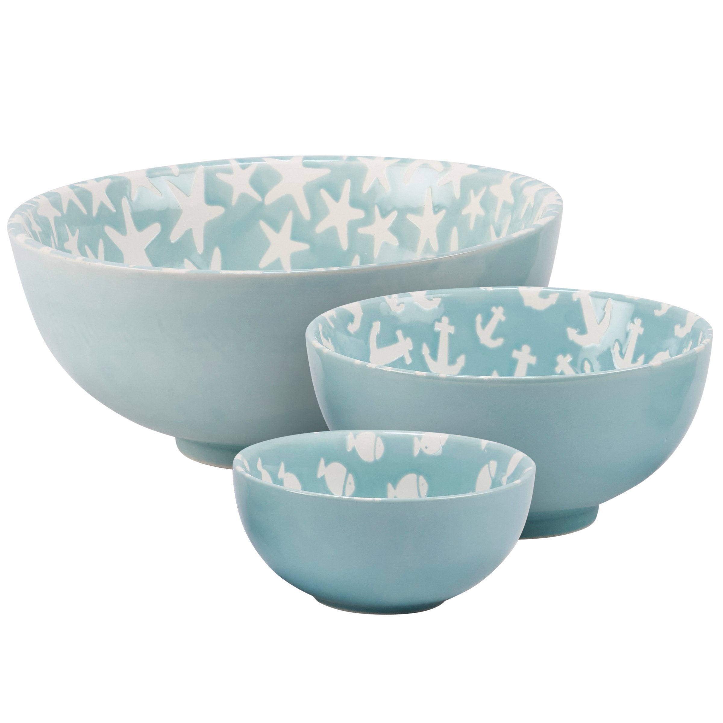 Coastal Blue Ocean Stoneware Nesting Bowl Set - Starfish Anchor Fish Designs