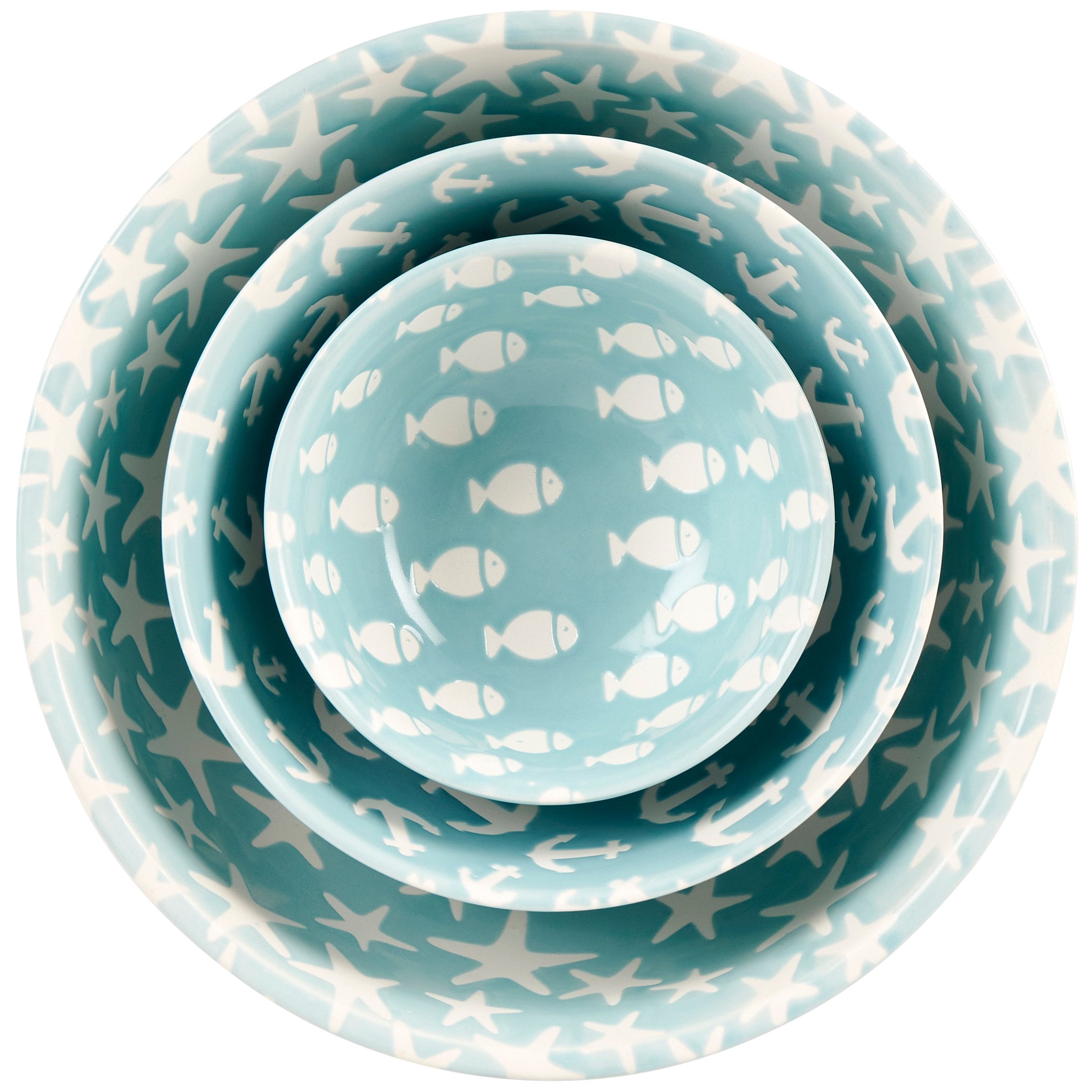 Coastal Blue Ocean Stoneware Nesting Bowl Set - Starfish Anchor Fish Designs