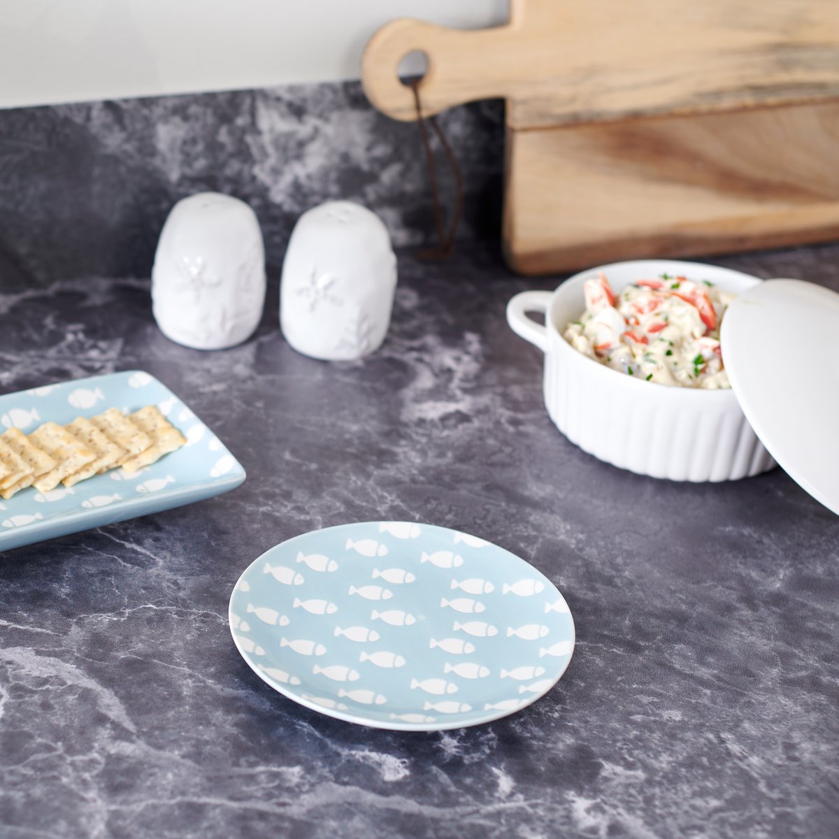 Charming Blue Fish Pattern Stoneware Dessert Plate, Beach Collection, Dishwasher Safe