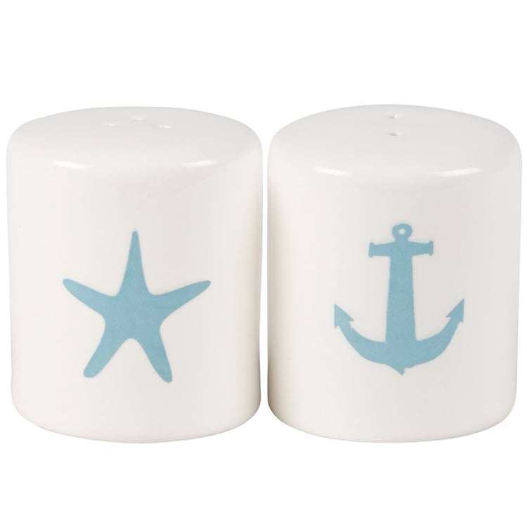Nautical Stoneware Anchor Starfish Salt Pepper Shakers Set, Dishwasher Safe, Beach Theme