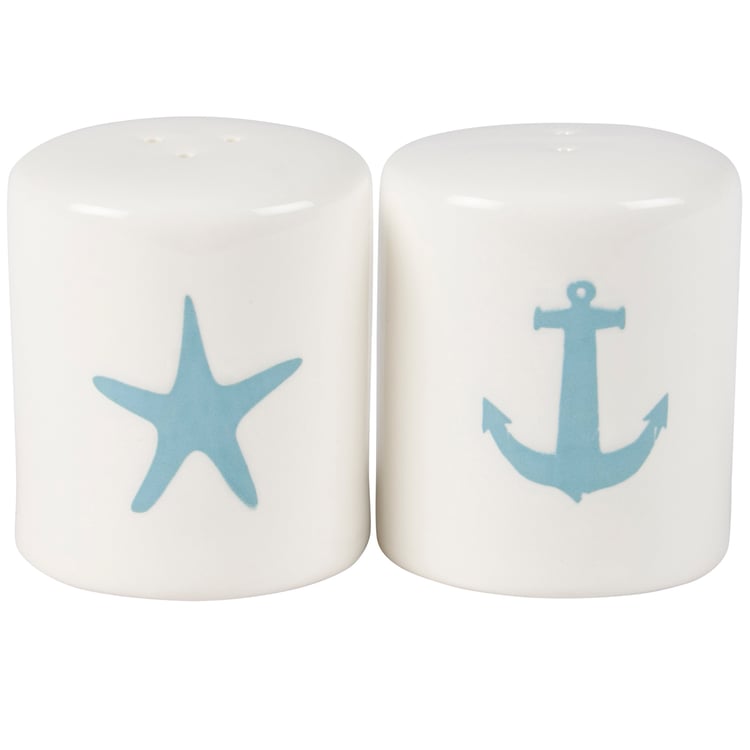 Nautical Stoneware Anchor Starfish Salt Pepper Shakers Set, Dishwasher Safe, Beach Theme