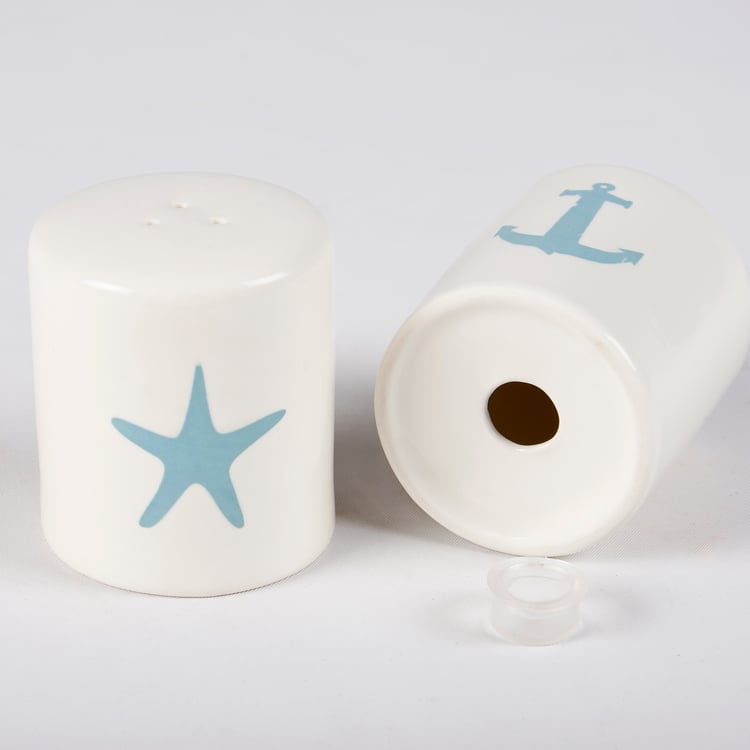 Nautical Stoneware Anchor Starfish Salt Pepper Shakers Set, Dishwasher Safe, Beach Theme