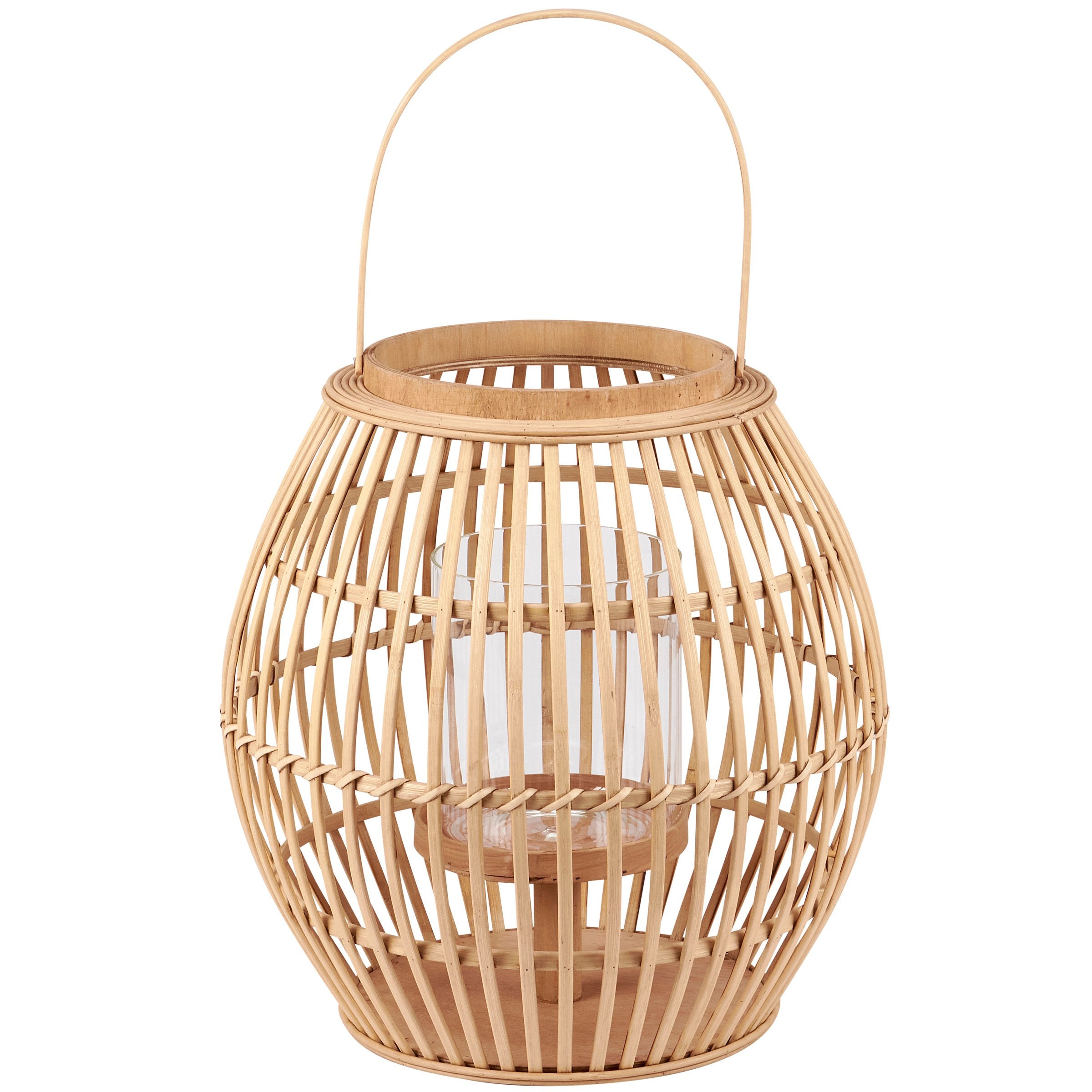 Large Natural Woven Bamboo Lantern with Glass Holder & Handle for Home Decor
