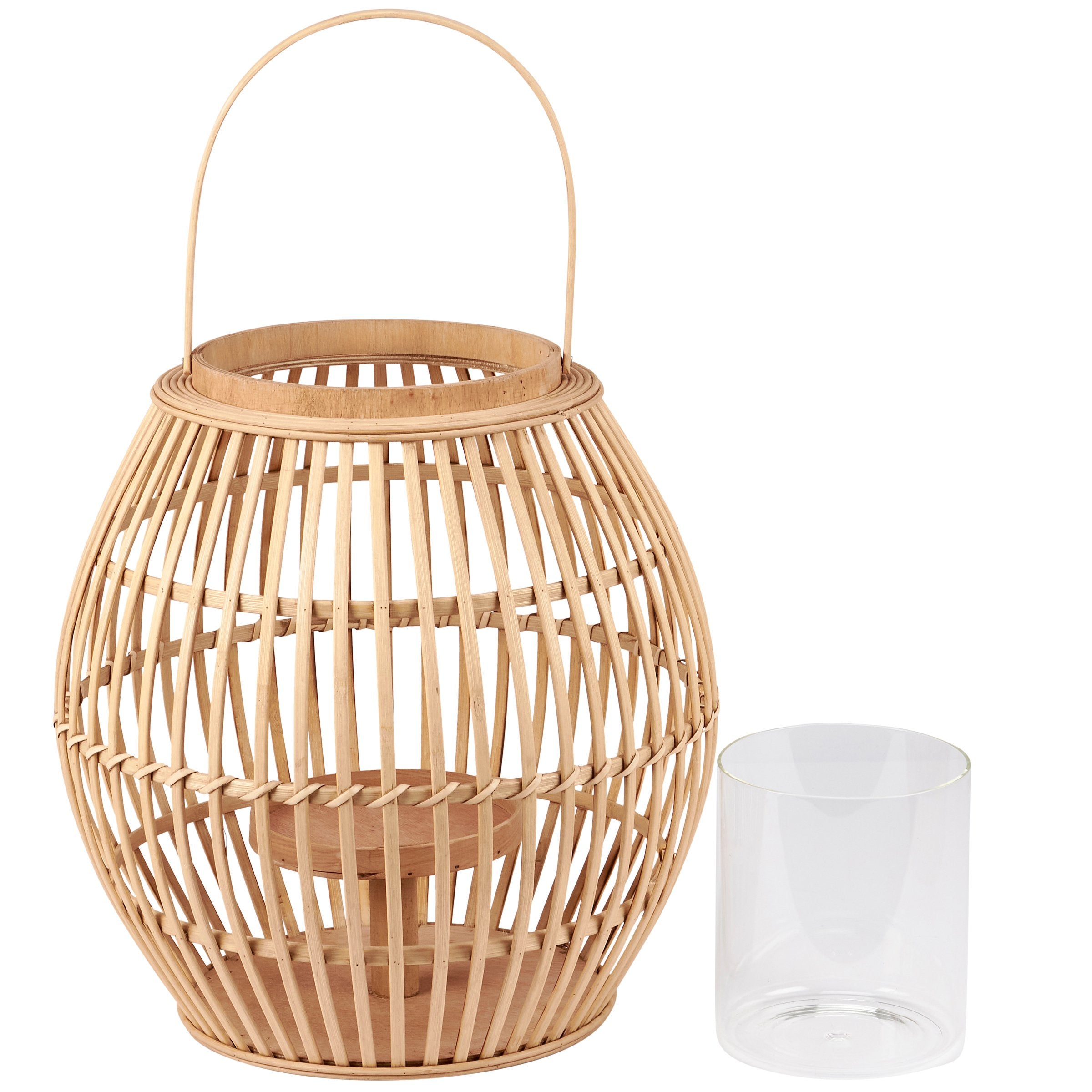 Large Natural Woven Bamboo Lantern with Glass Holder & Handle for Home Decor