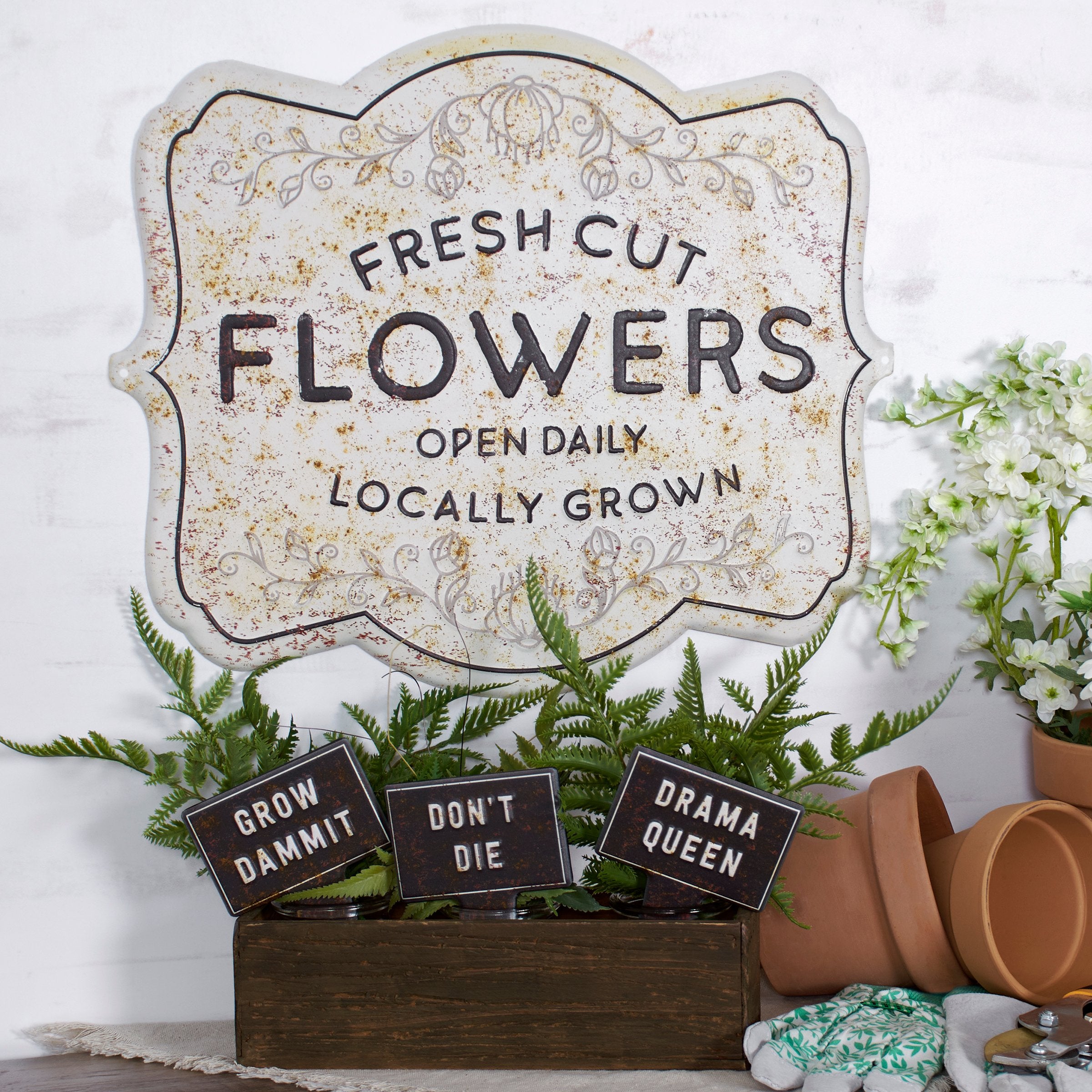Rustic Metal Fresh Cut Flowers Wall Decor Sign - Farmhouse Garden Collection