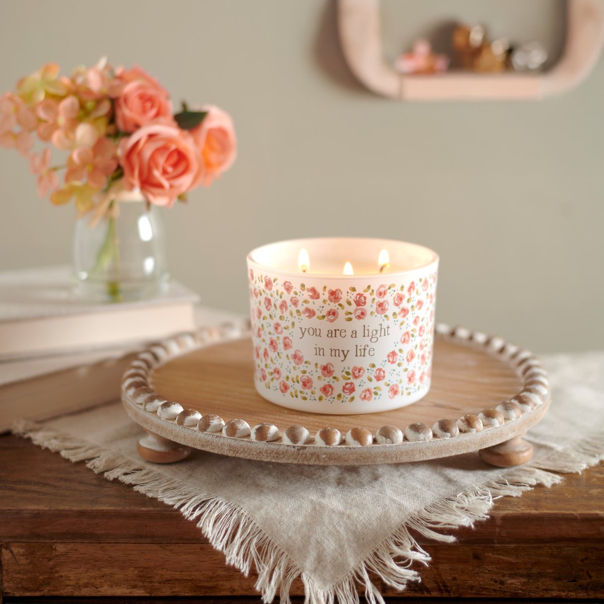 Uplifting Rose Scented Soy Wax Candle, Frosted Floral Glass, 3-Wick, 'Light In My Life'