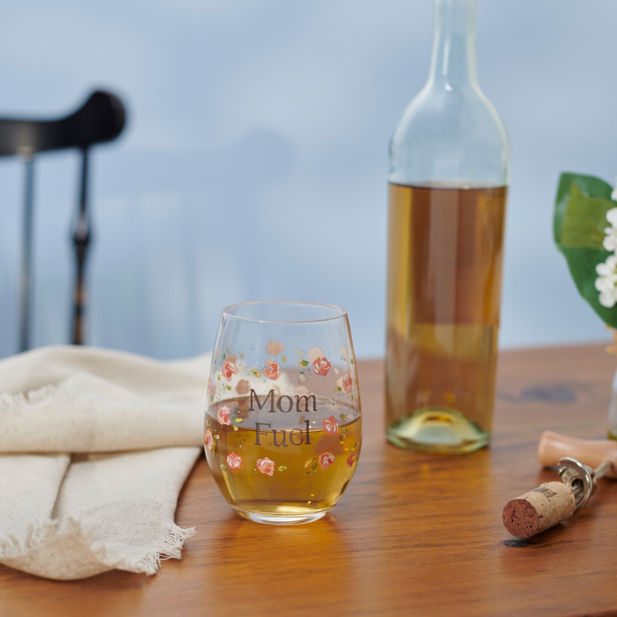 Chic 'Mom Fuel' Stemless Wine Glass with Floral Design for Mother's Day Gift