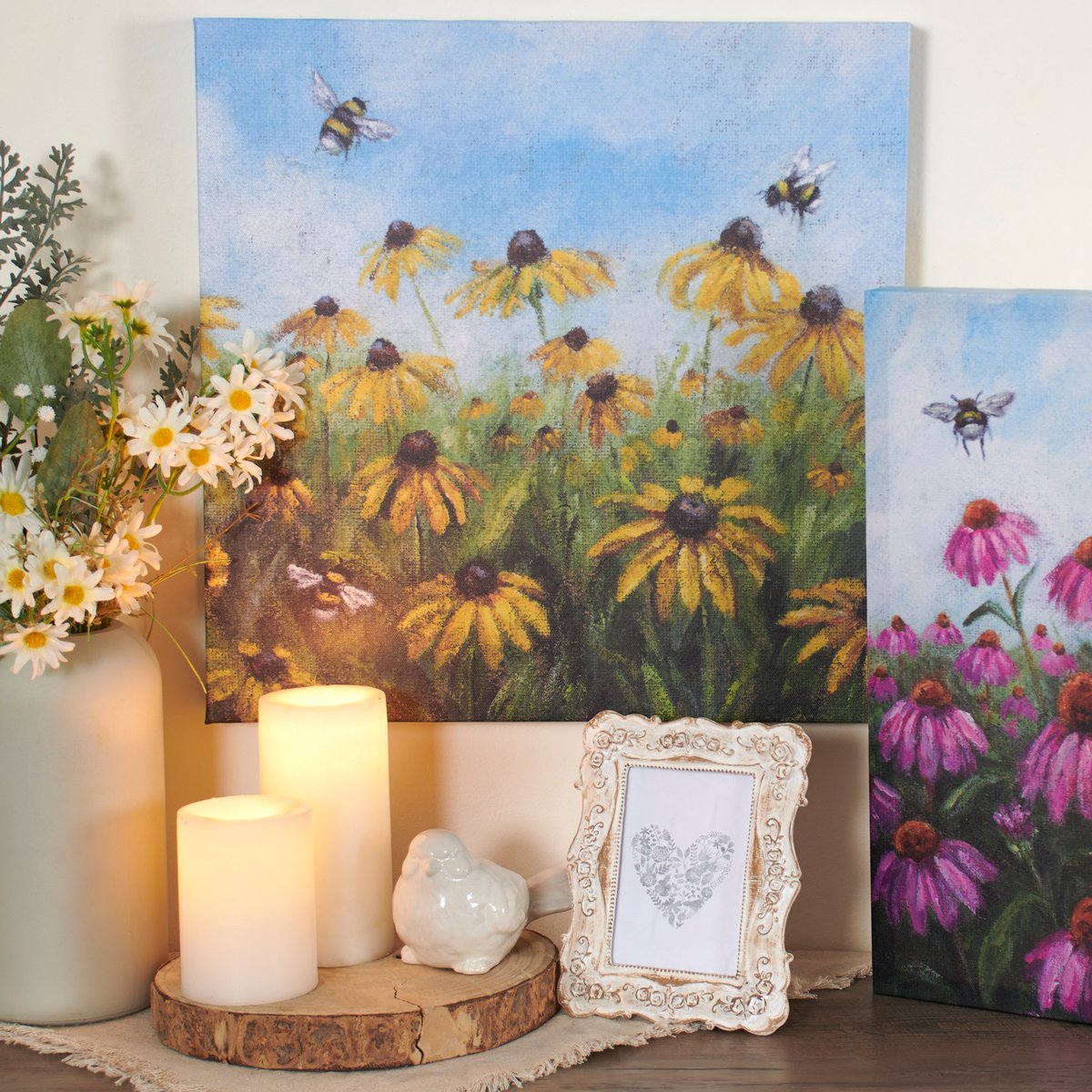 Vibrant Black-Eyed Susan & Bee Canvas Wall Art - Textured Burlap Design