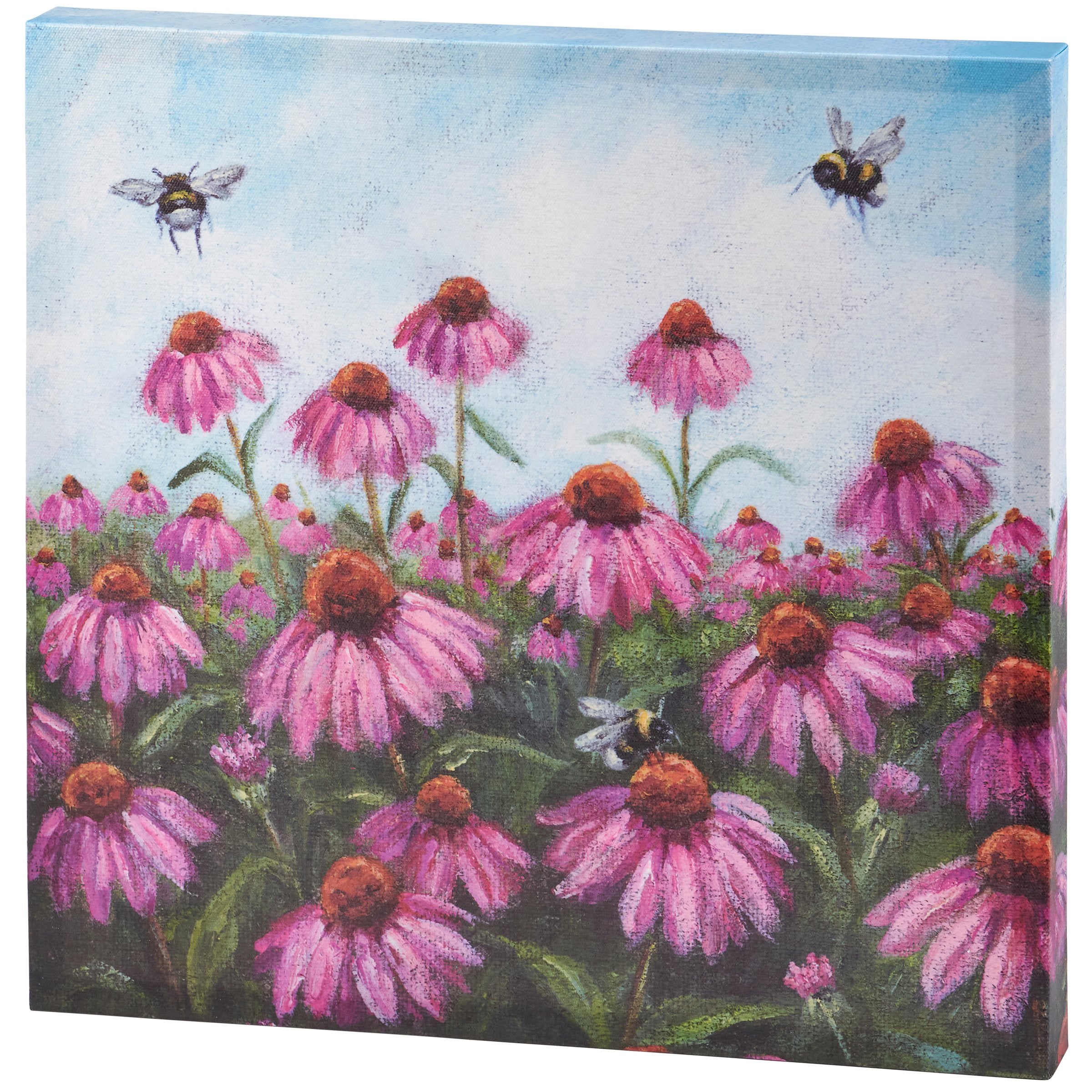 Vibrant Pink Coneflower Canvas Wall Art with Bees, Burlap Texture