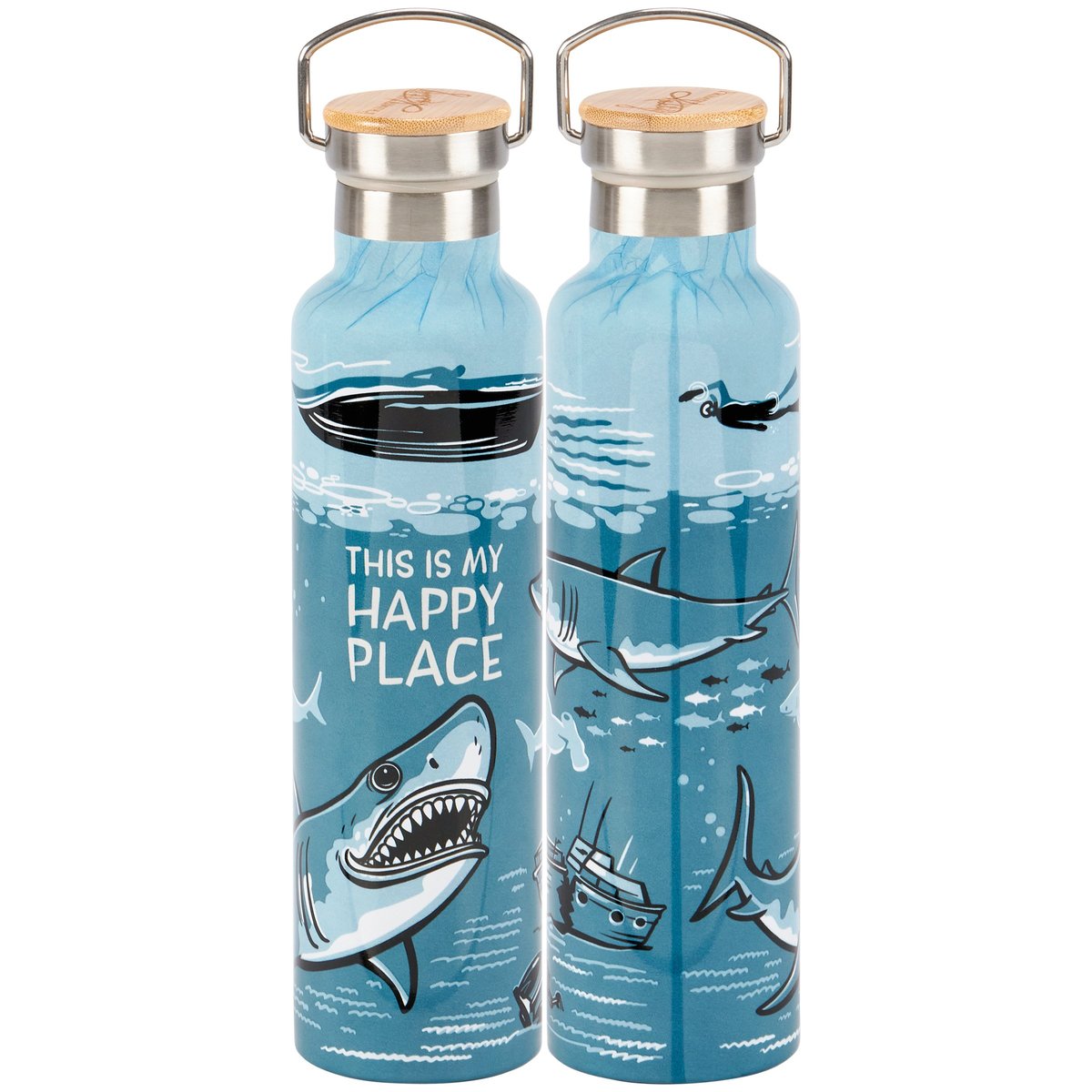 Insulated Stainless Steel Water Bottle, 25 oz., 'Happy Place' Ocean Shark Design, Bamboo Lid