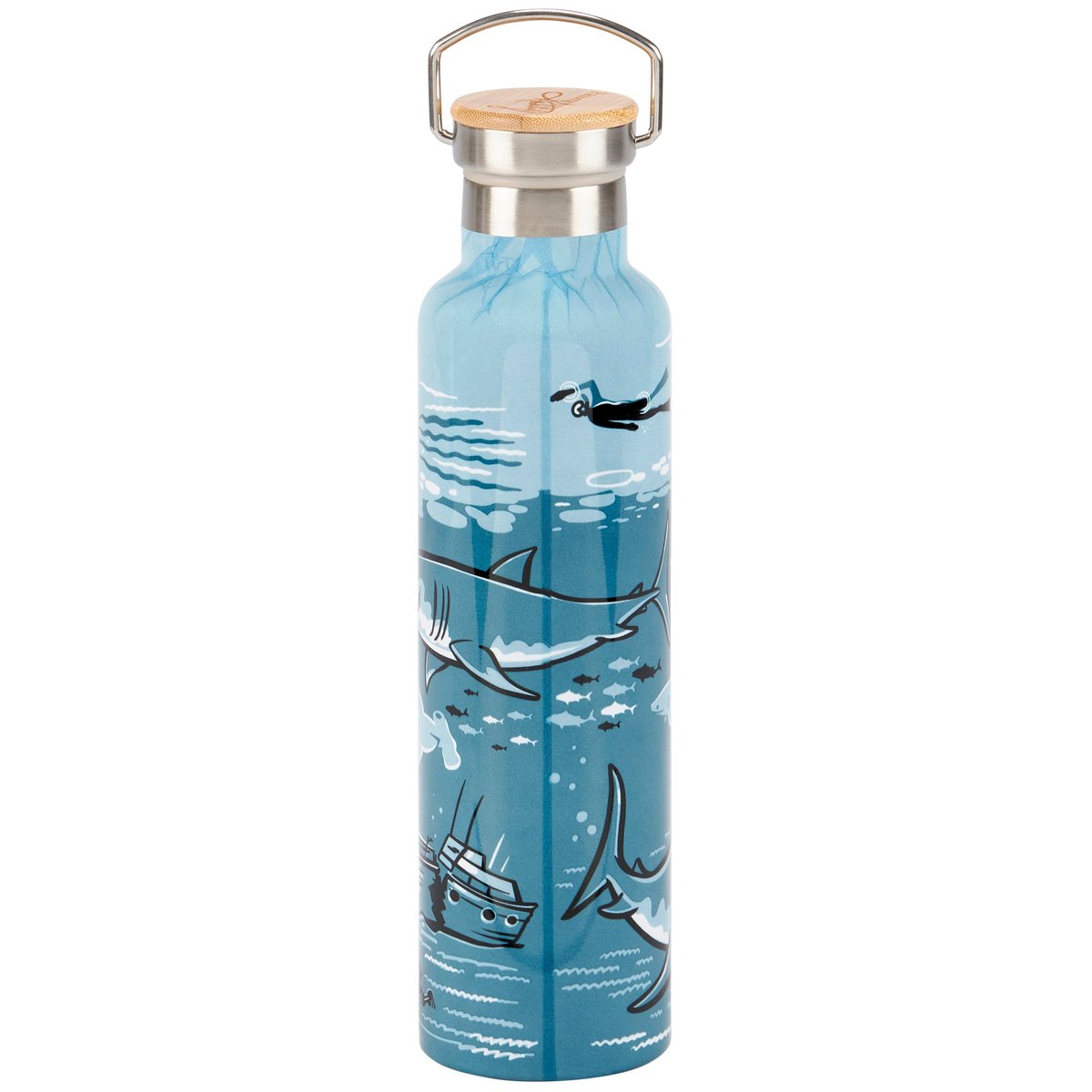 Insulated Stainless Steel Water Bottle, 25 oz., 'Happy Place' Ocean Shark Design, Bamboo Lid
