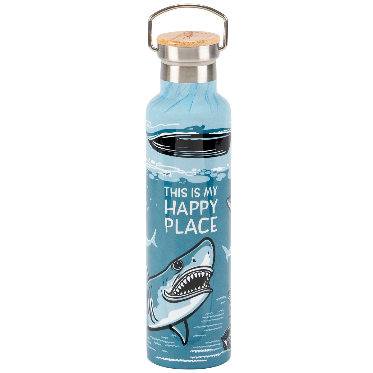 Insulated Stainless Steel Water Bottle, 25 oz., 'Happy Place' Ocean Shark Design, Bamboo Lid