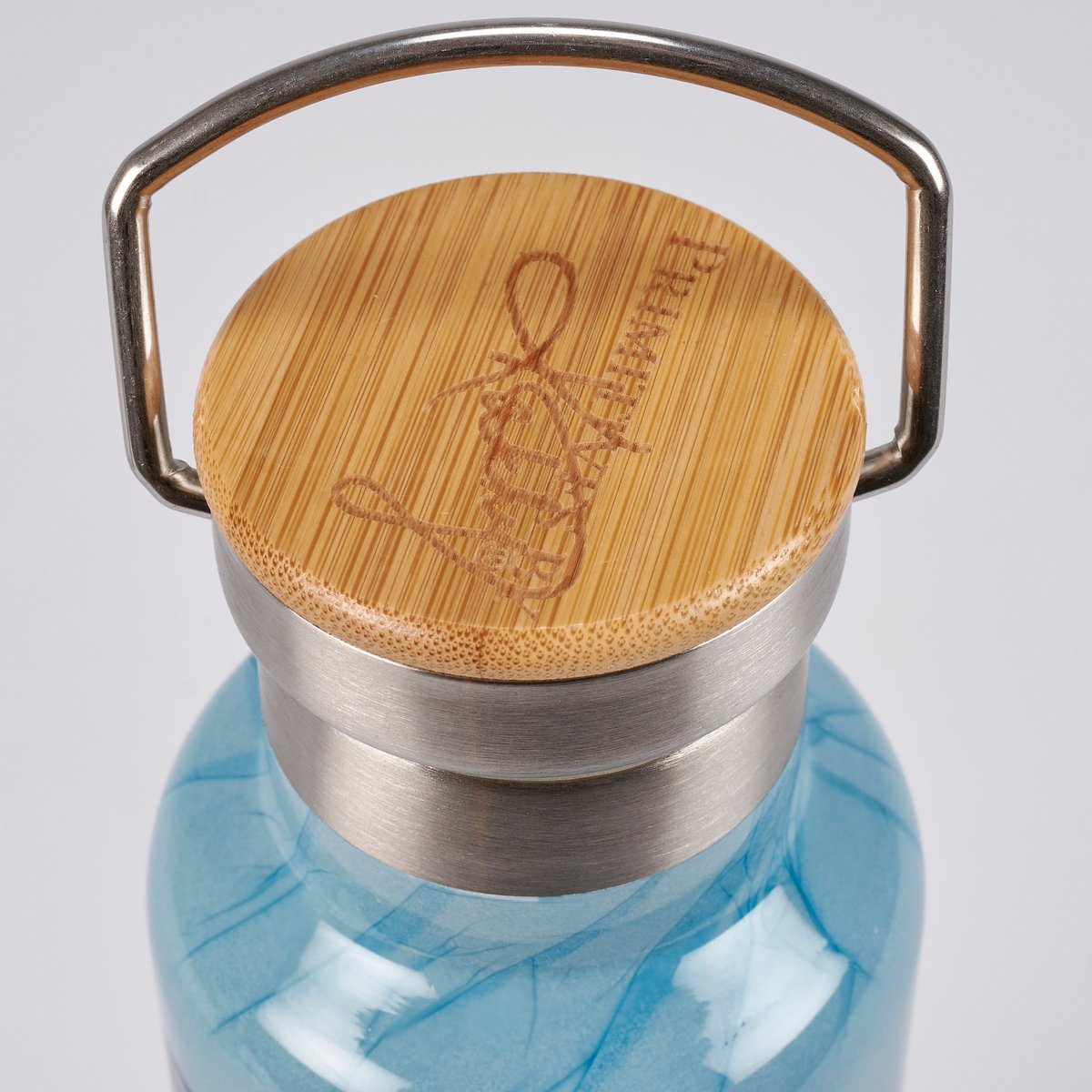 Insulated Stainless Steel Water Bottle, 25 oz., 'Happy Place' Ocean Shark Design, Bamboo Lid