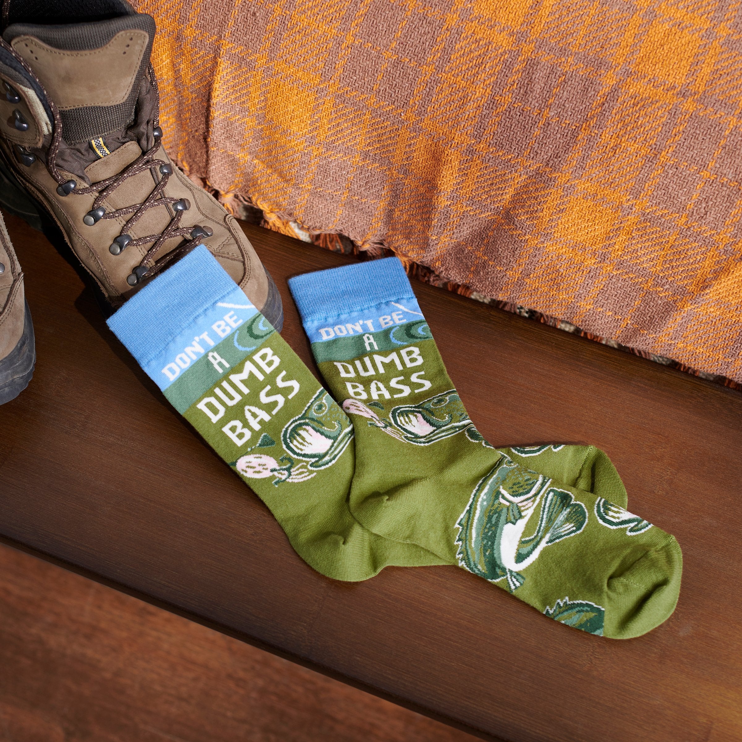 Funny Bass Fishing Socks: 'Don't Be A Dumb Bass' Lake & Cabin Collection