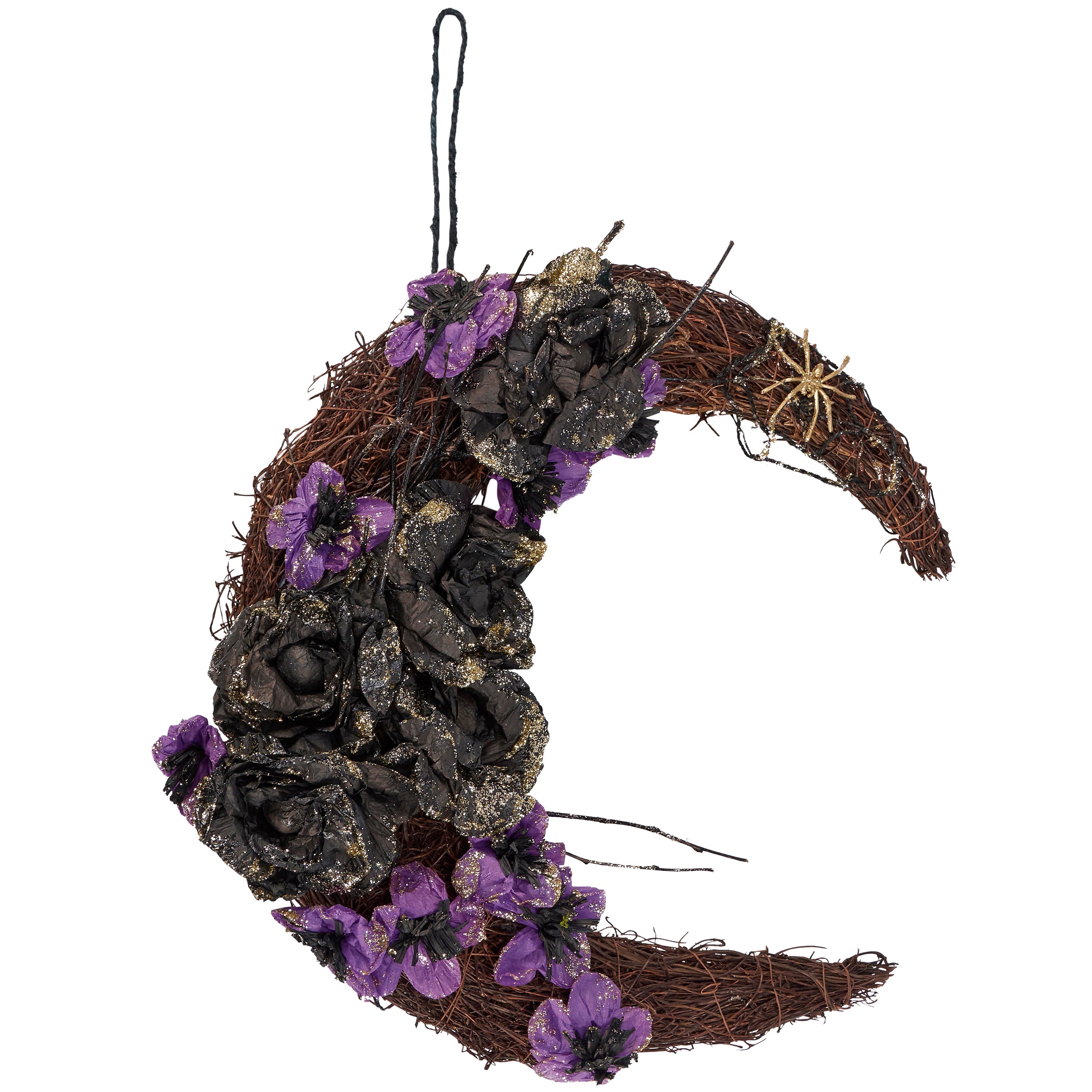 Spooky Crescent Moon Rattan Wreath with Faux Florals and Glitter Spider