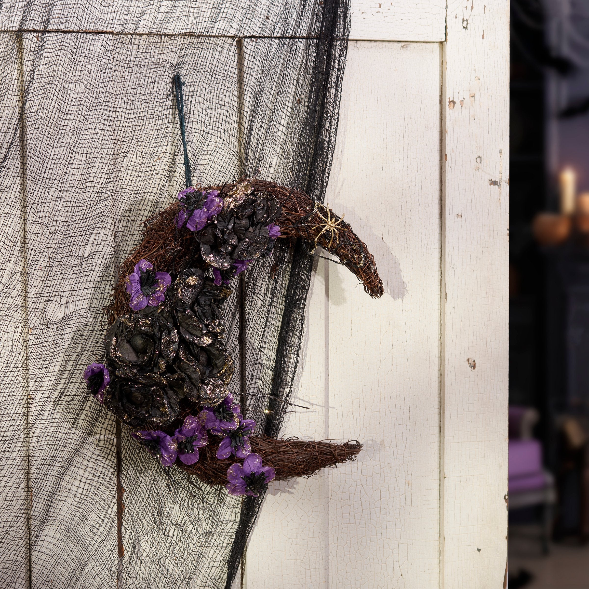Spooky Crescent Moon Rattan Wreath with Faux Florals and Glitter Spider