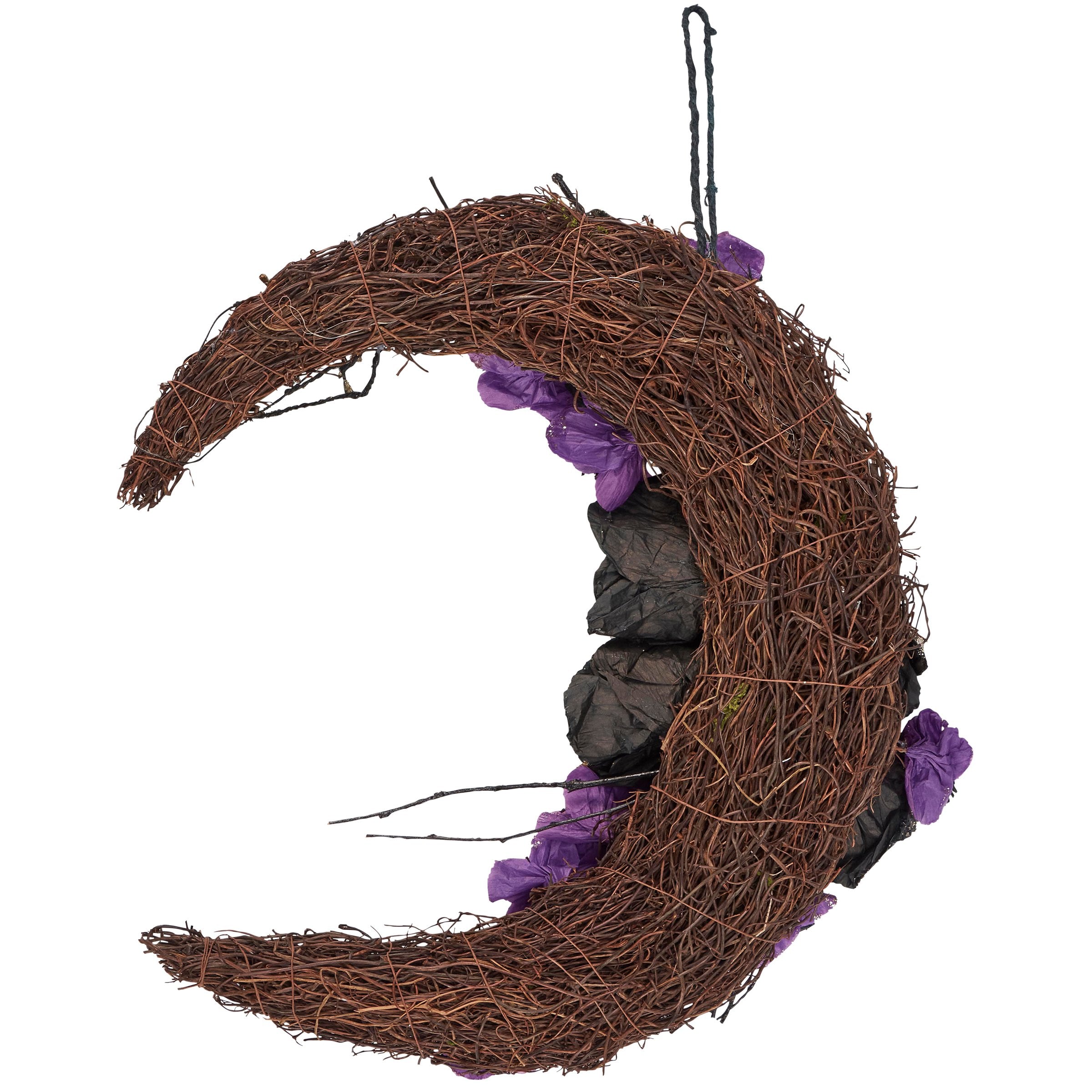 Spooky Crescent Moon Rattan Wreath with Faux Florals and Glitter Spider
