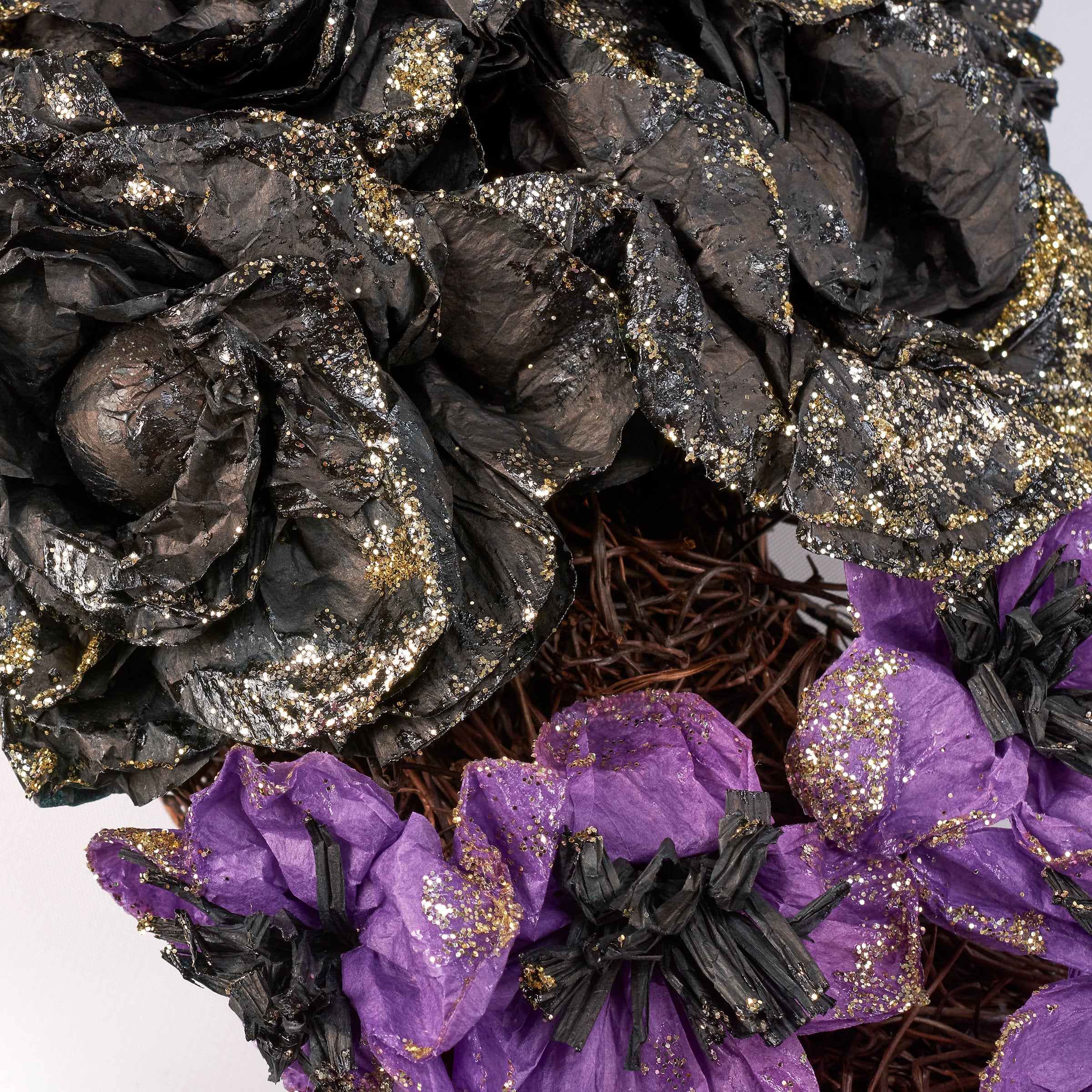 Spooky Crescent Moon Rattan Wreath with Faux Florals and Glitter Spider