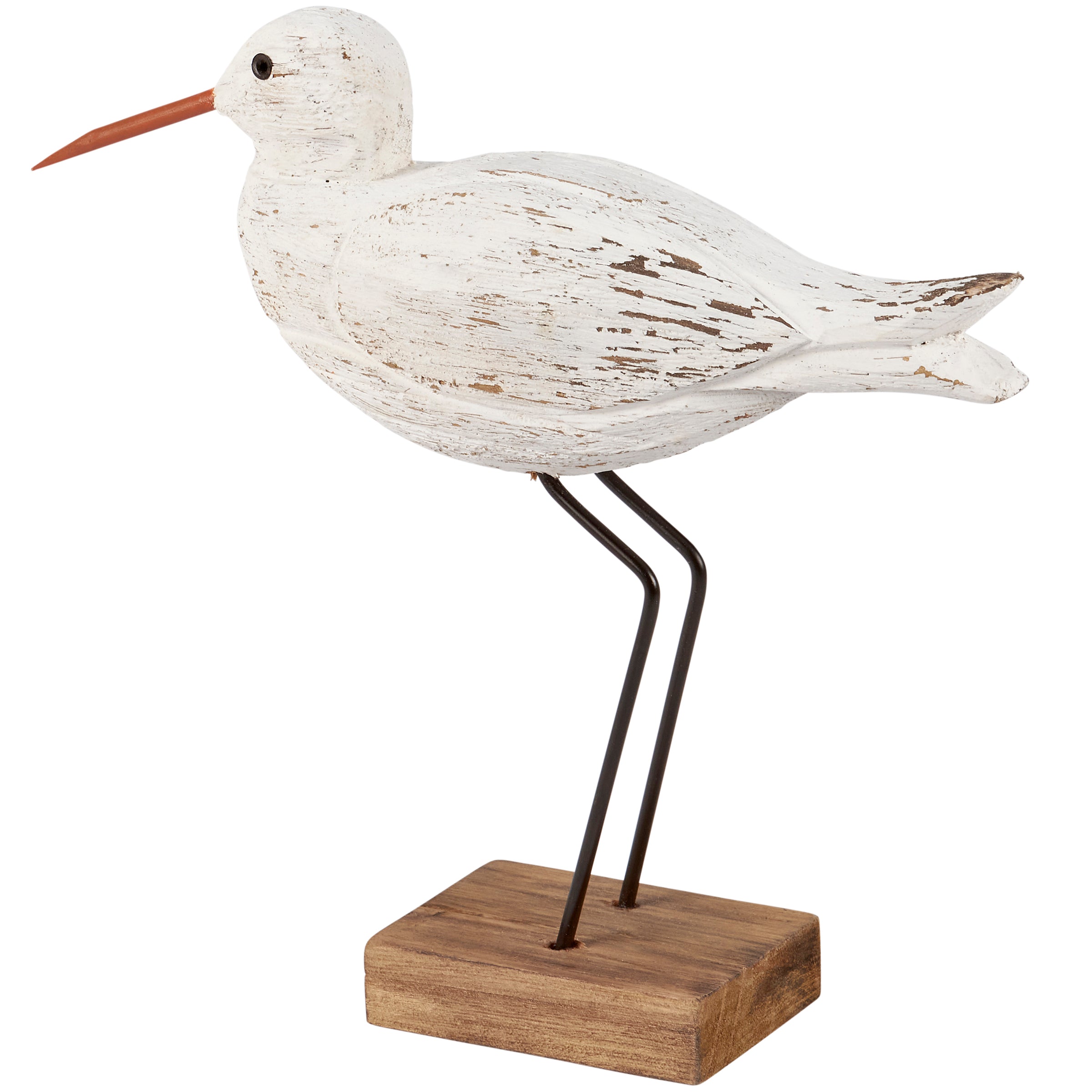 Rustic White Sandpiper Bird Sitter Decor - Distressed Wood & Metal Accent