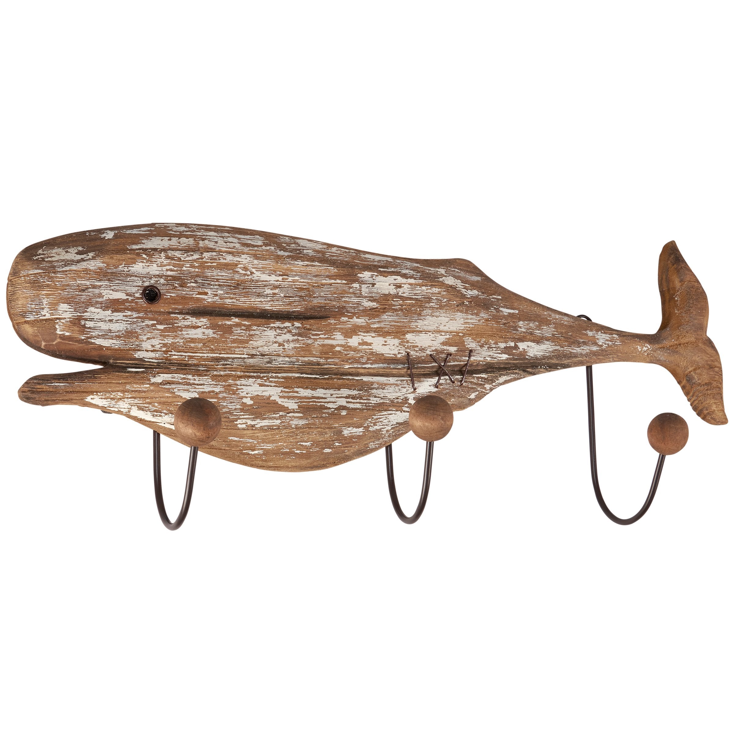 Distressed Wooden Blue Whale Hook Board Beach Coastal Ocean-Inspired Wall Decor