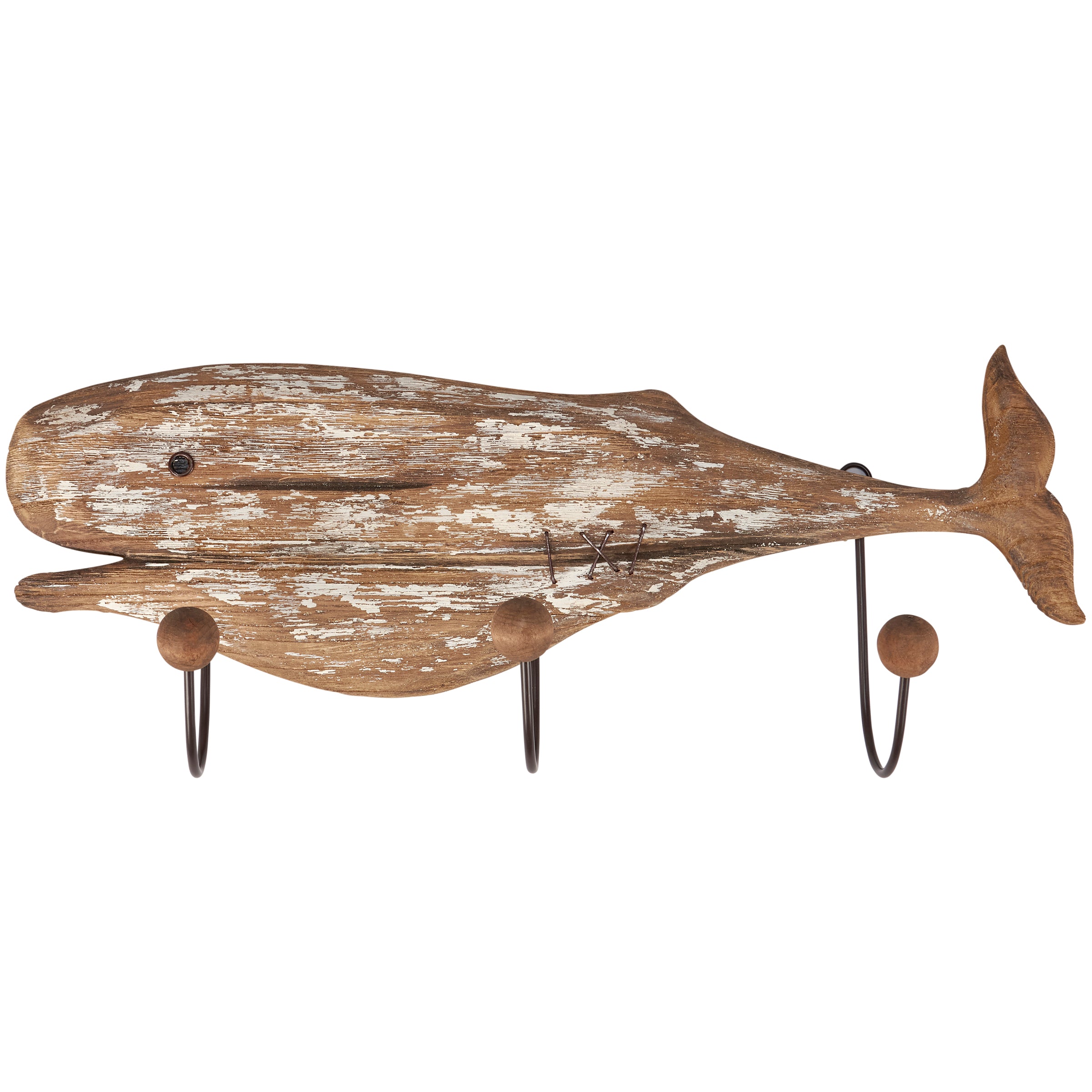 Distressed Wooden Blue Whale Hook Board Beach Coastal Ocean-Inspired Wall Decor
