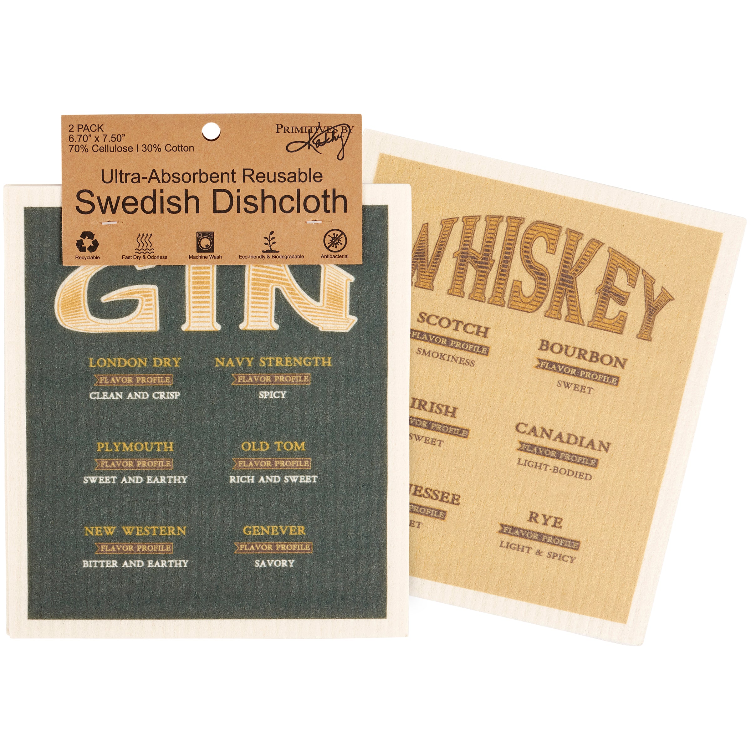 Gin and Whiskey Swedish Dishcloths Set - Eco-Friendly, Absorbent Kitchen Cleaning