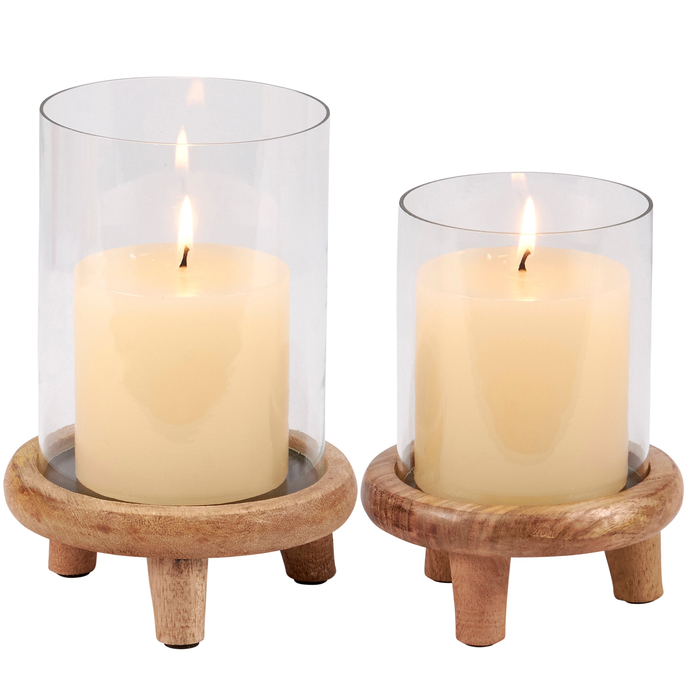 Rustic Beach Hurricane Candle Holders Set - Wooden Base Glass Cylinder Home Decor