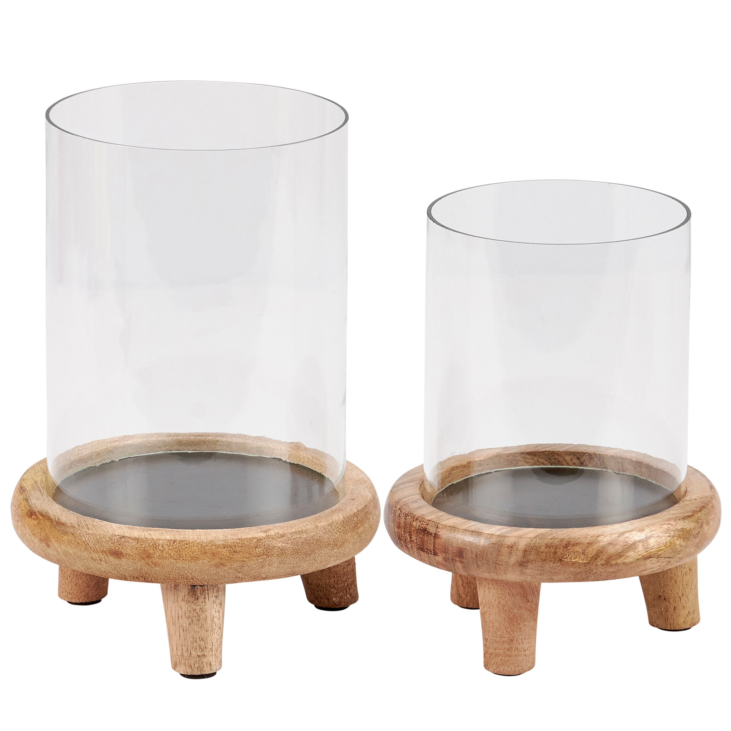Rustic Beach Hurricane Candle Holders Set - Wooden Base Glass Cylinder Home Decor
