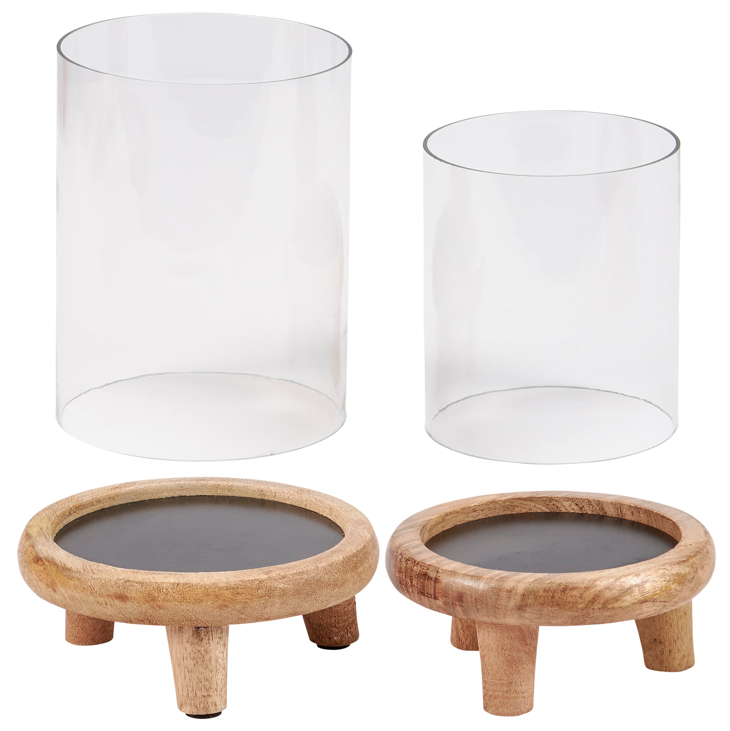 Rustic Beach Hurricane Candle Holders Set - Wooden Base Glass Cylinder Home Decor