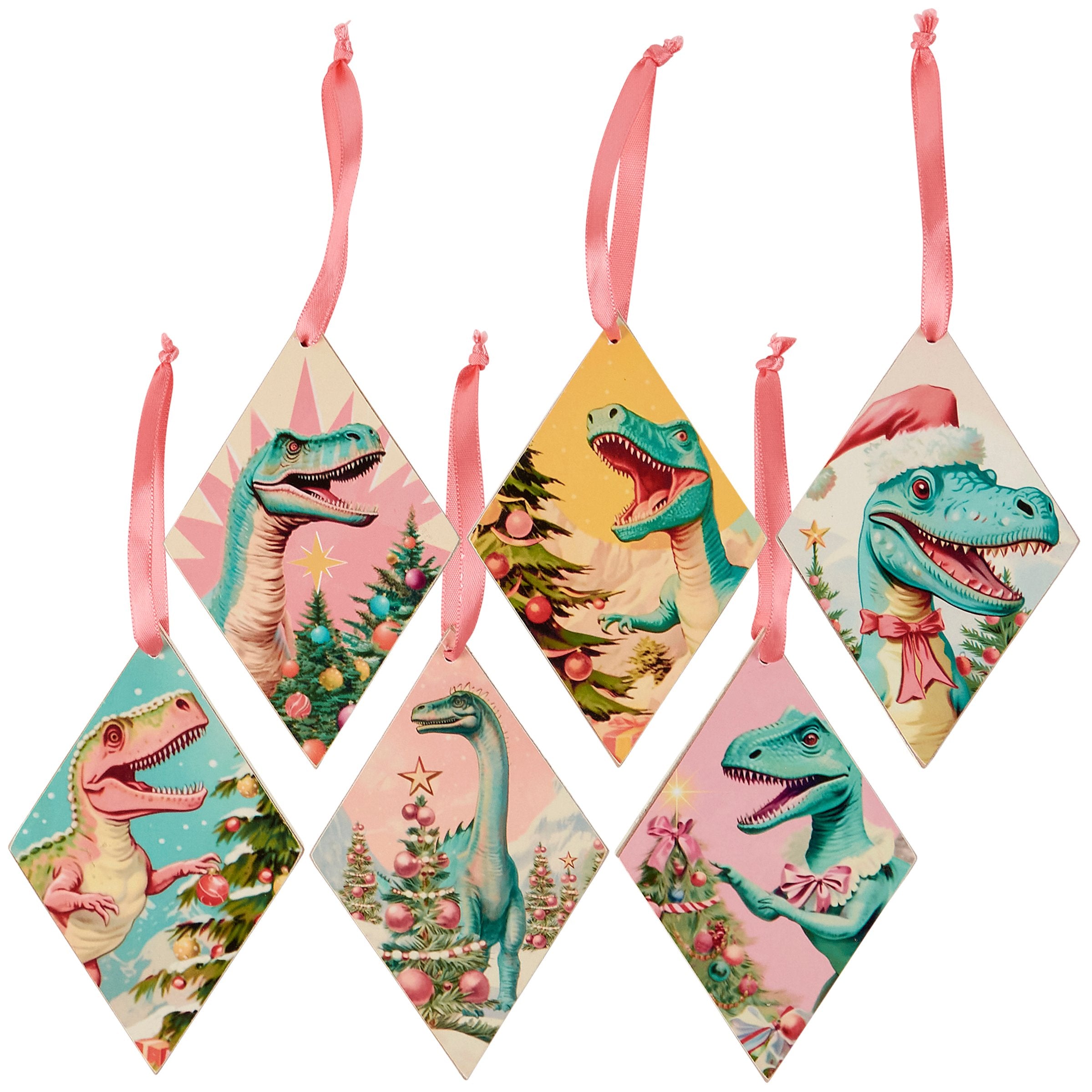 Fun Retro Pastel Dinosaur Christmas Tree Ornaments Set - 6 Unique Designs