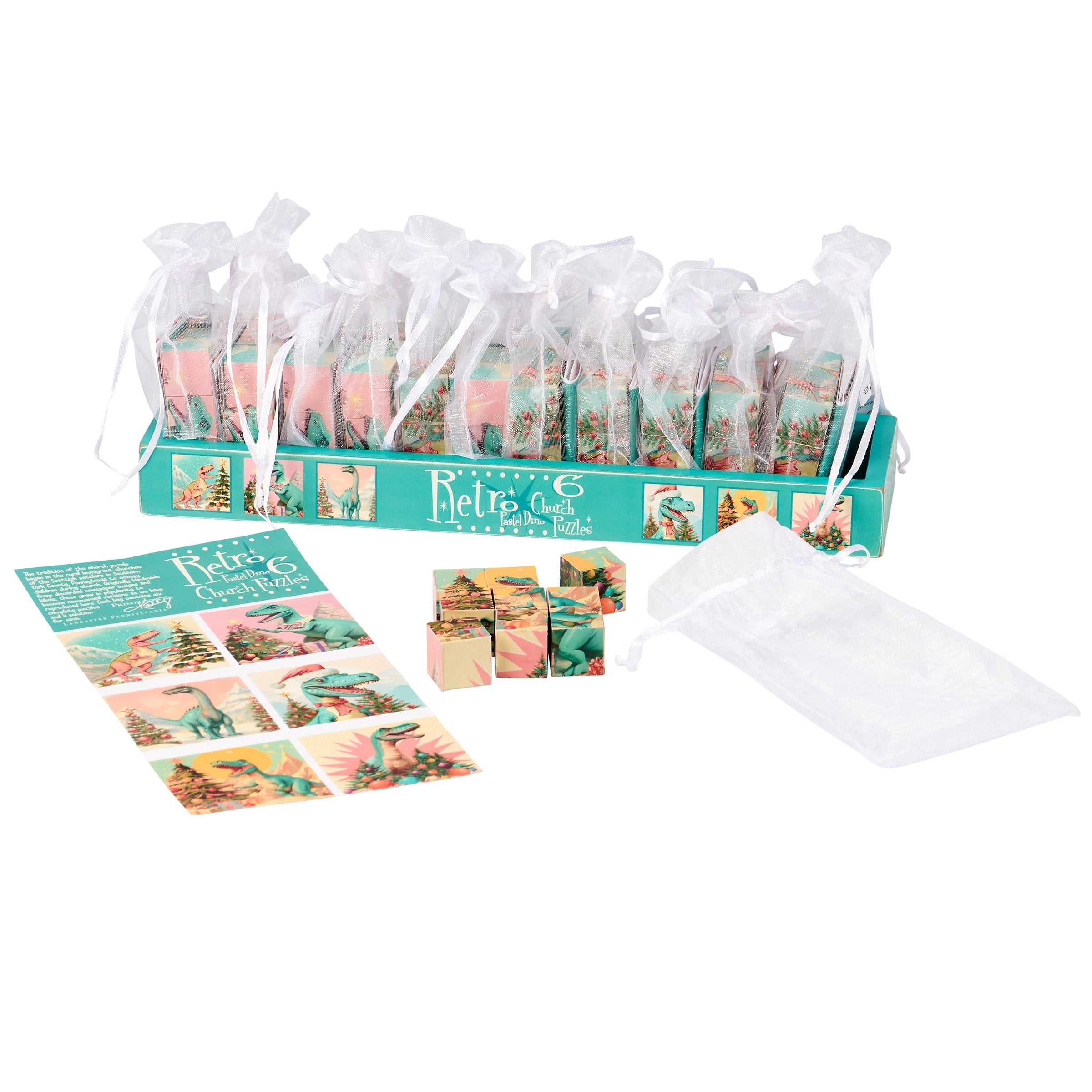 Dino Christmas Church Puzzle: 9 Wooden Blocks, 6 Pastel Dinosaur Holiday Scenes