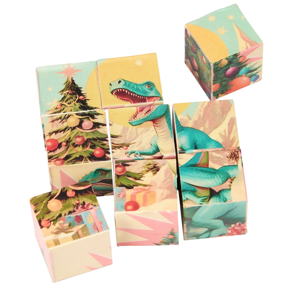 Dino Christmas Church Puzzle: 9 Wooden Blocks, 6 Pastel Dinosaur Holiday Scenes