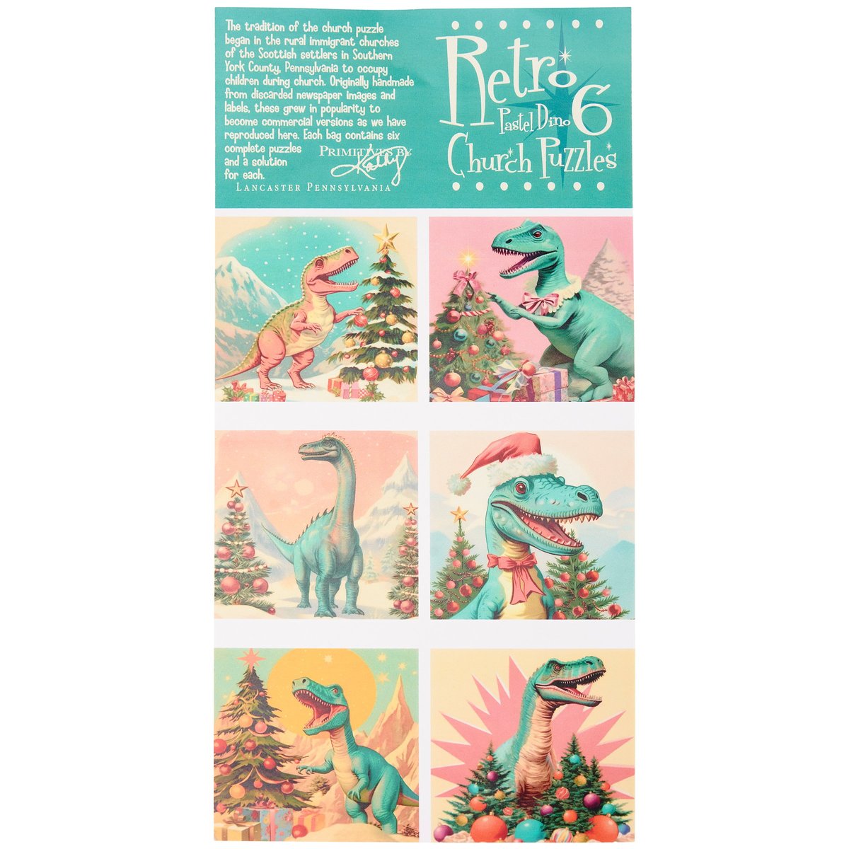 Dino Christmas Church Puzzle: 9 Wooden Blocks, 6 Pastel Dinosaur Holiday Scenes