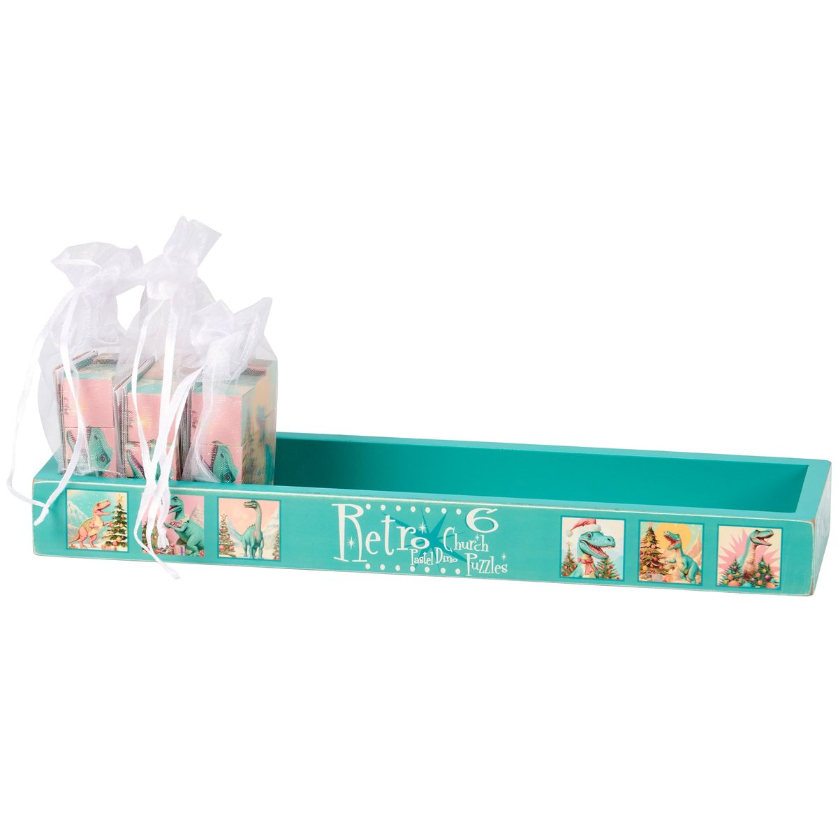 Dino Christmas Church Puzzle: 9 Wooden Blocks, 6 Pastel Dinosaur Holiday Scenes