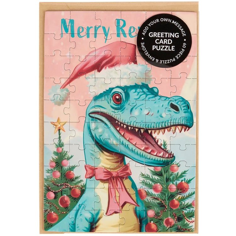 Merry Rexmas Dinosaur Christmas Puzzle Card - 60 Pieces, Fun Holiday Greeting