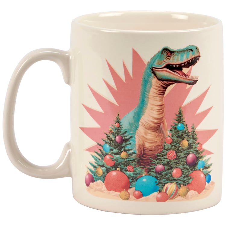 Fun Retro Dino Christmas Stoneware Mug - 20 oz Microwave & Dishwasher Safe