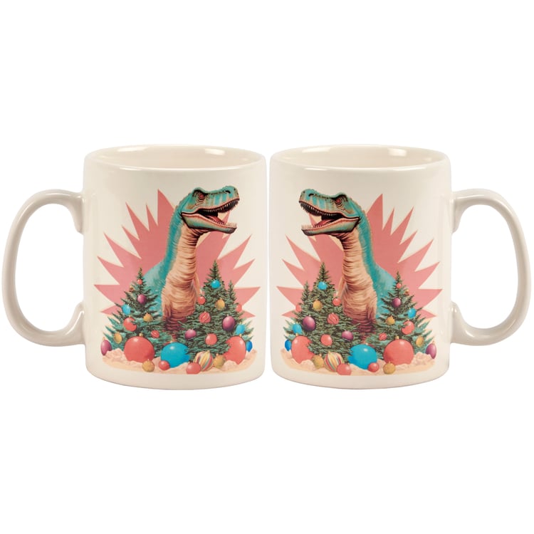 Fun Retro Dino Christmas Stoneware Mug - 20 oz Microwave & Dishwasher Safe