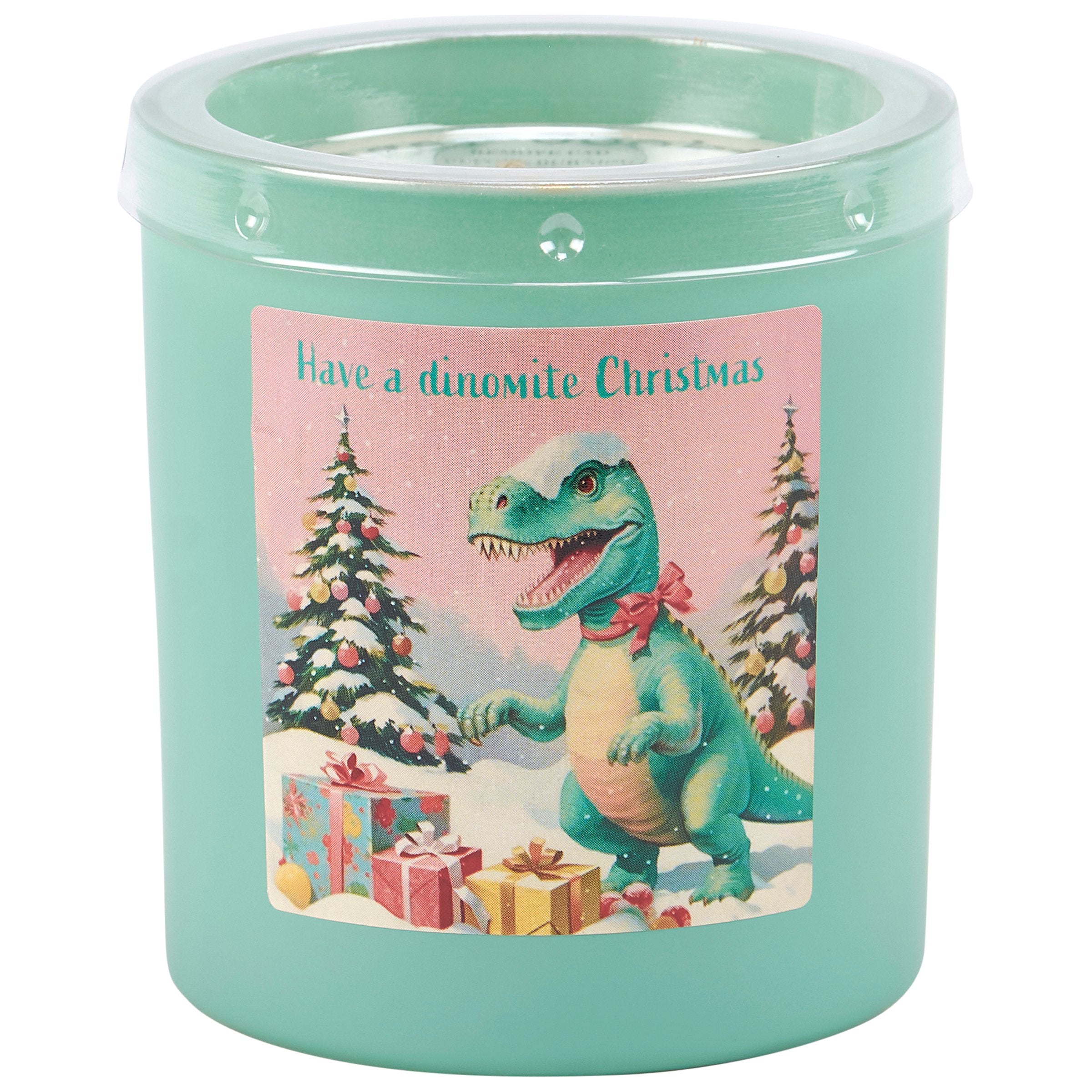 Charming Dinomite Christmas Candle: Soy Wax, Sugar Cookie Scent, T-Rex Holiday Decor