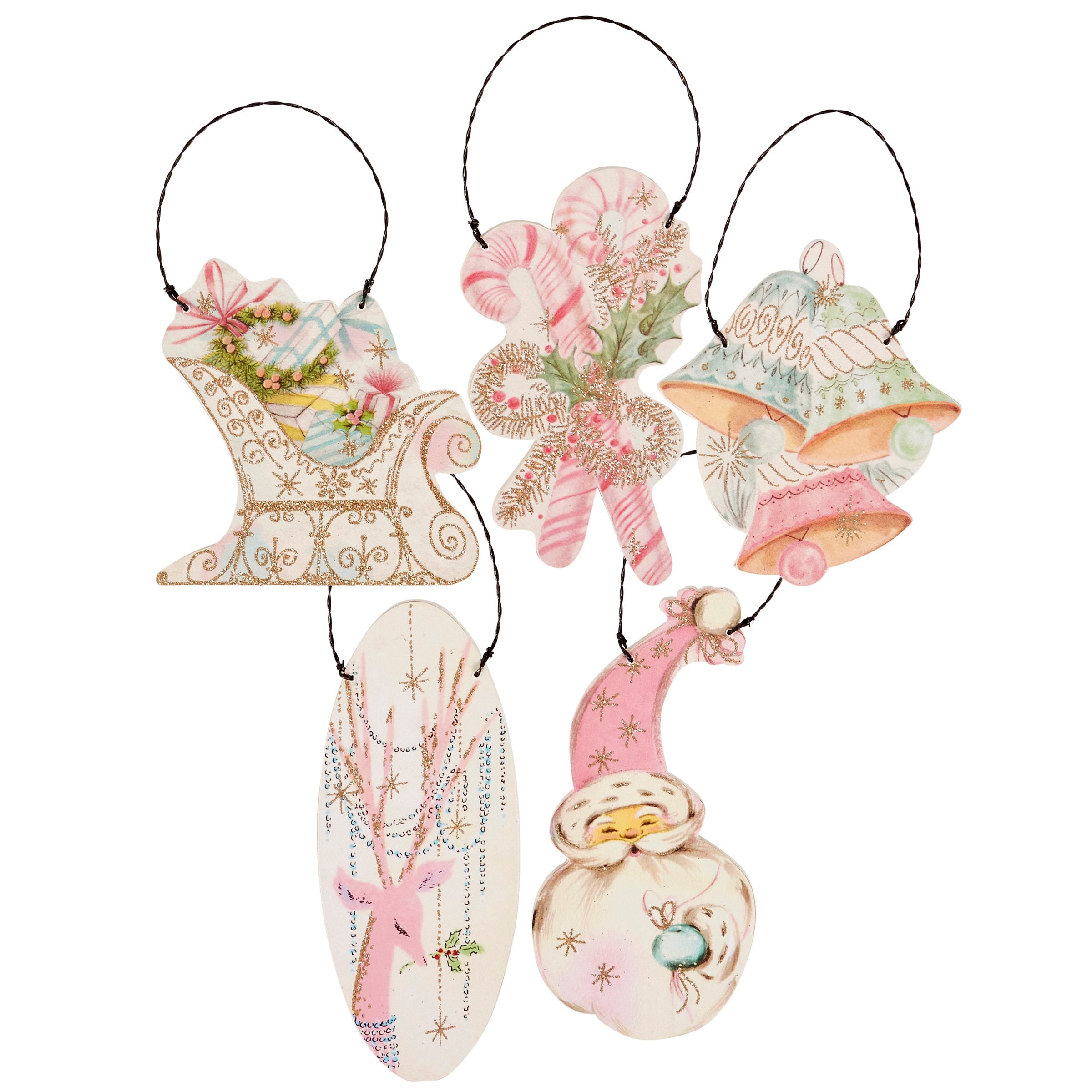 Charming Pastel Retro Wooden Christmas Ornament Set with Glitter Accents, 5-Piece Festive Decor