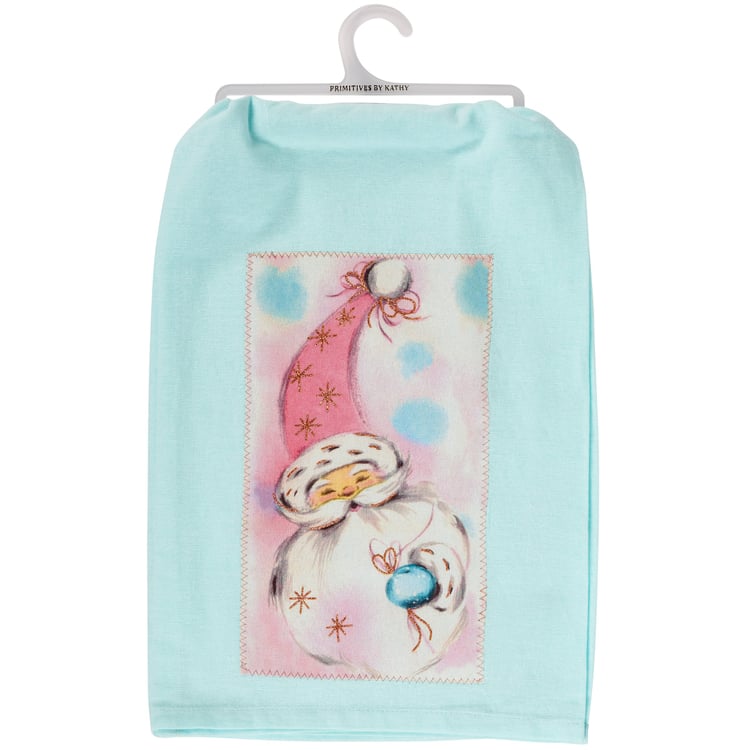 Cute Retro Pastel Santa Christmas Kitchen Towel with Glittery Cotton Design
