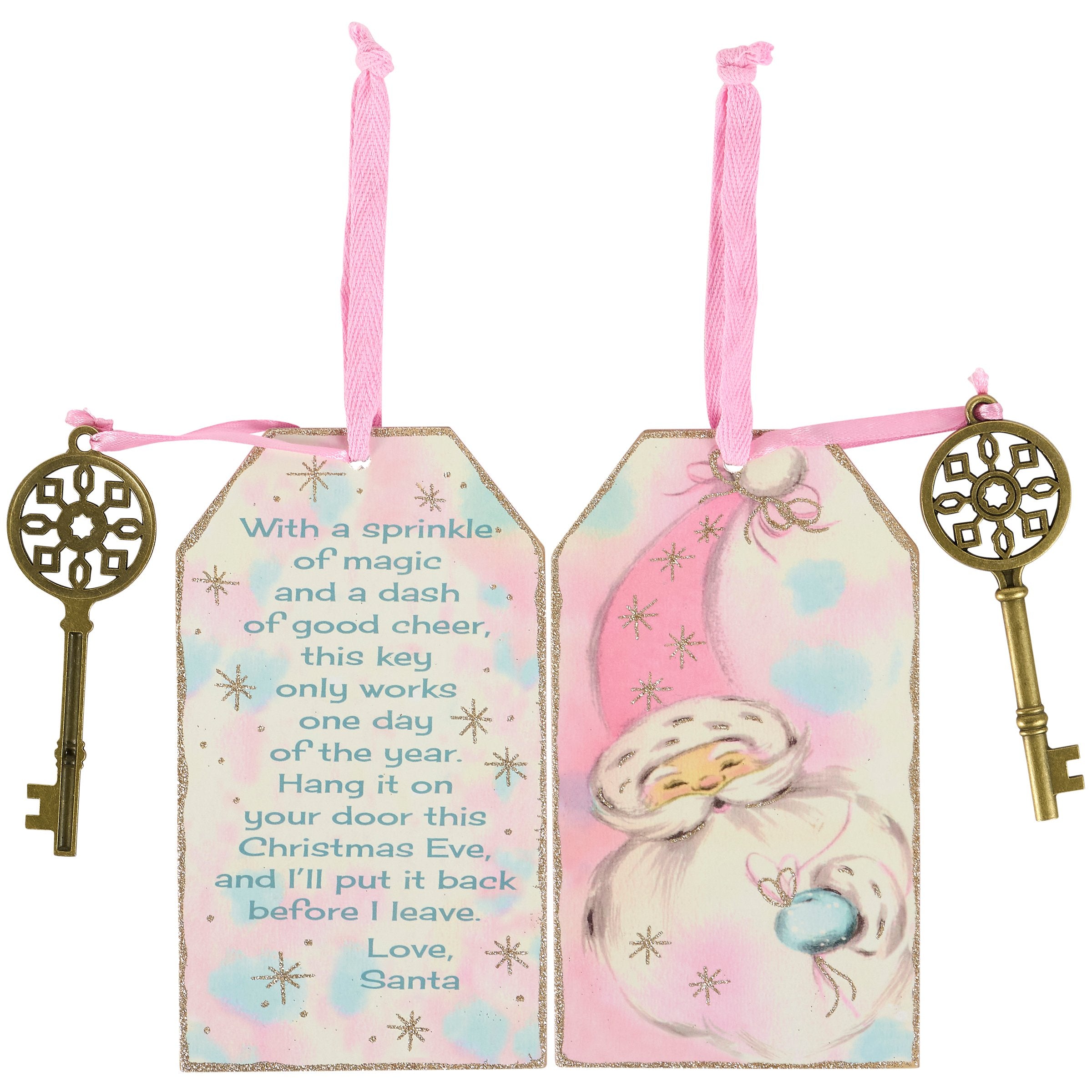 Retro Pastel Santa Key Christmas Ornament - Wooden, Glitter, Double-Sided Decorative Hanging