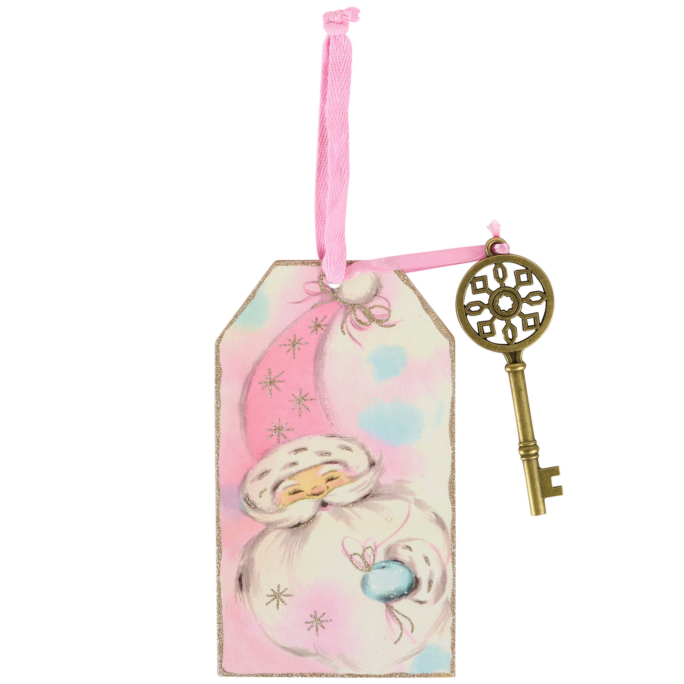 Retro Pastel Santa Key Christmas Ornament - Wooden, Glitter, Double-Sided Decorative Hanging