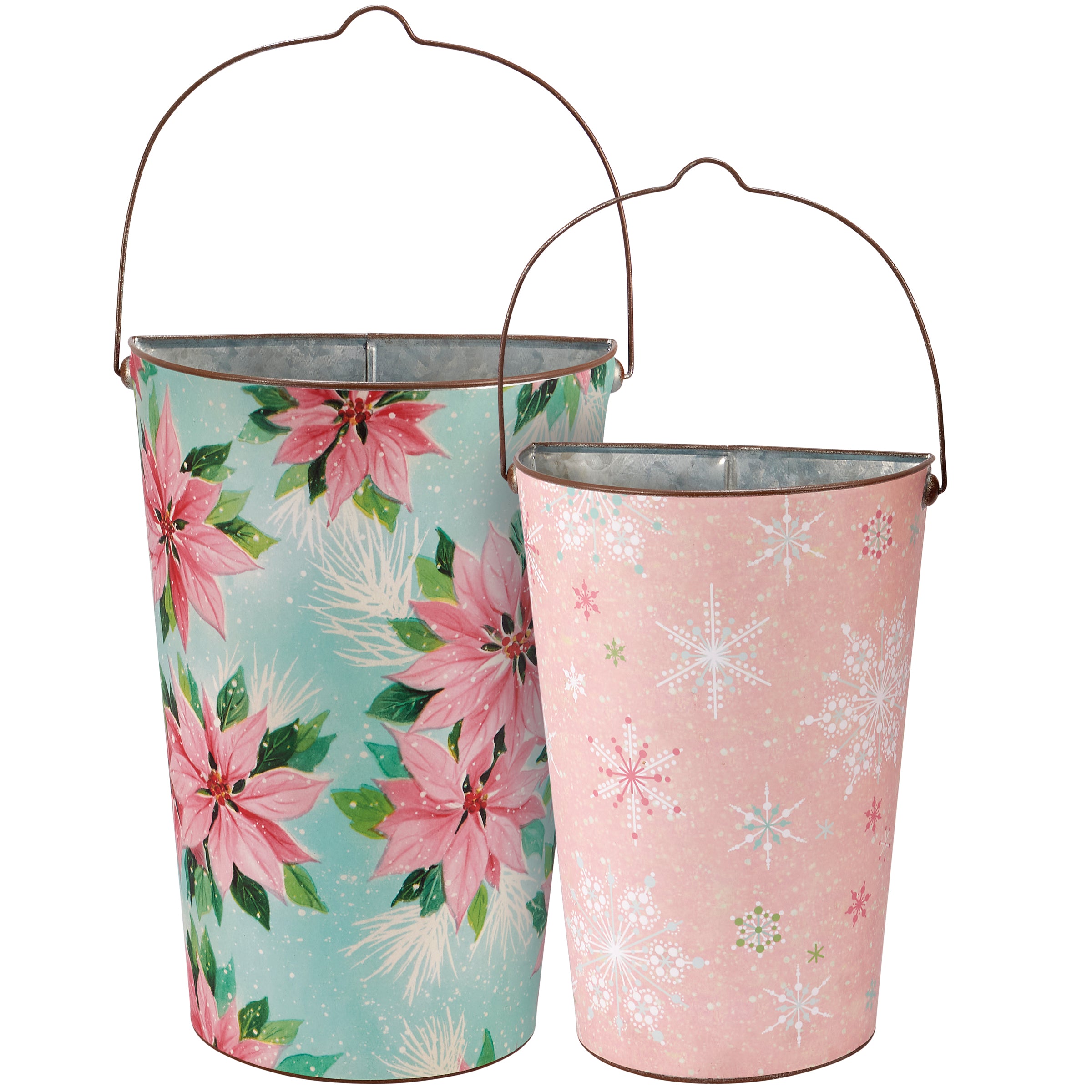 Charming Pastel Christmas Metal Wall Bucket Set - Retro Snowflake Floral Decor