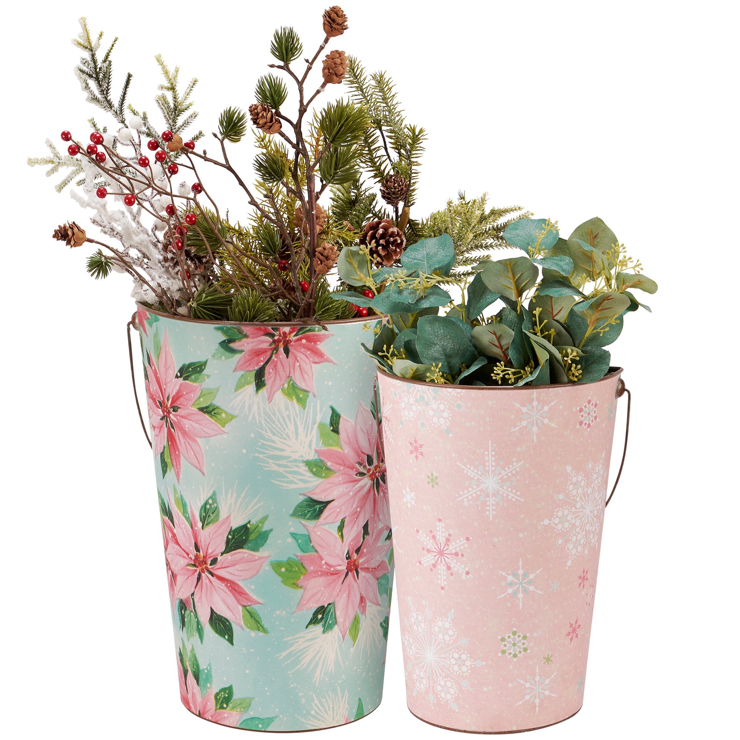 Charming Pastel Christmas Metal Wall Bucket Set - Retro Snowflake Floral Decor