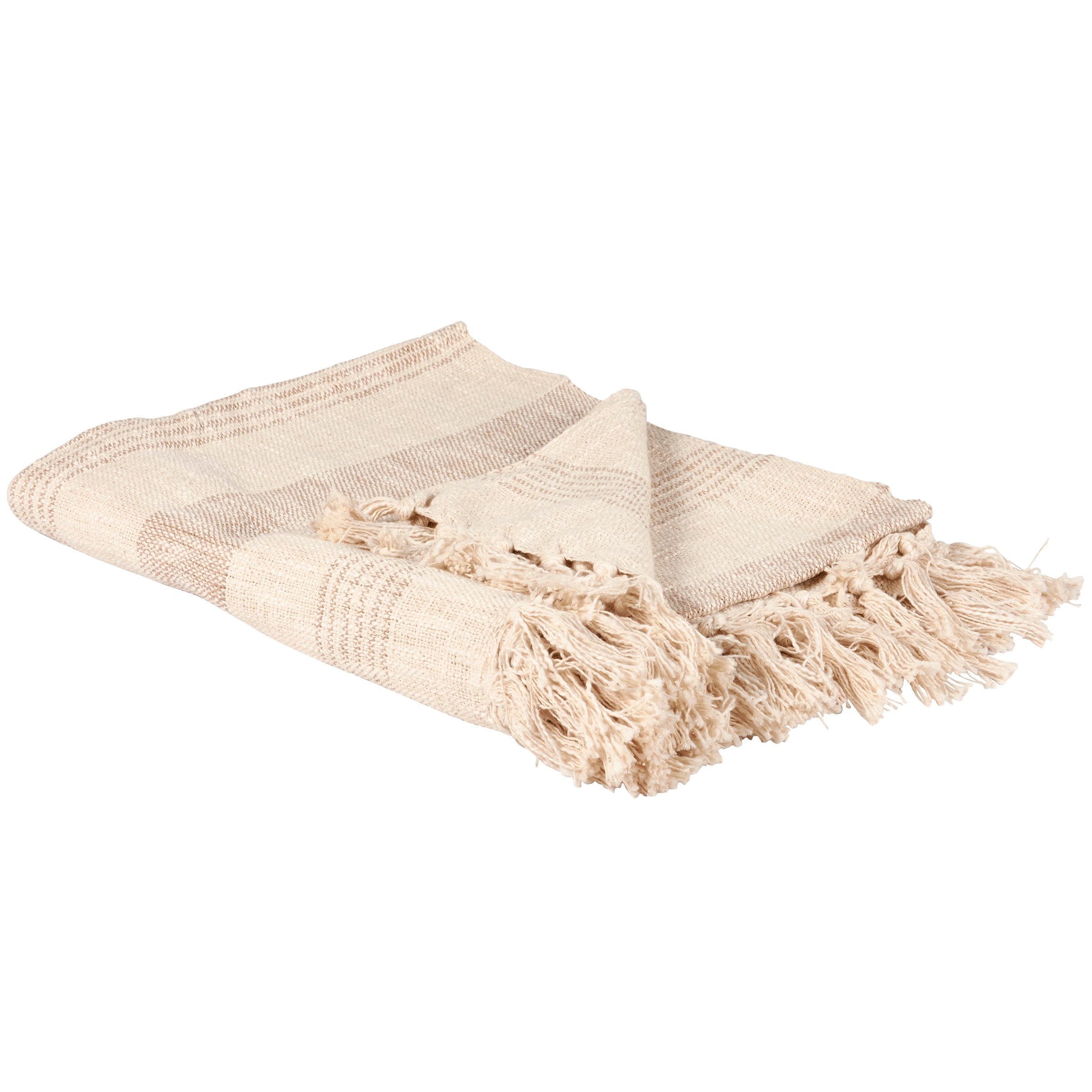 Coastal Beach Tan Stripe Cotton Throw Blanket with Tassels - Machine Washable