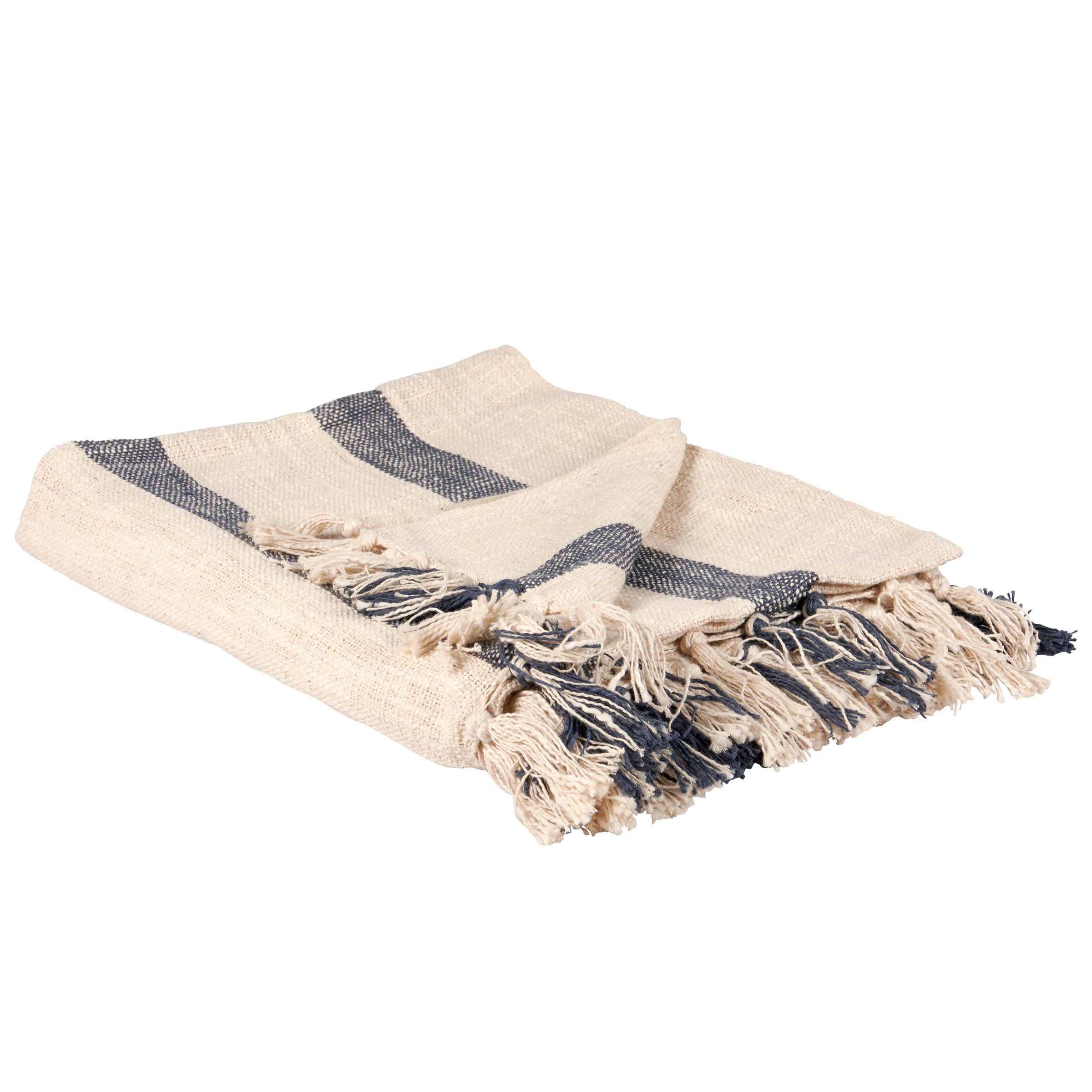 Nautical Blue Stripe Cotton Throw Blanket with Tassels - Machine Washable