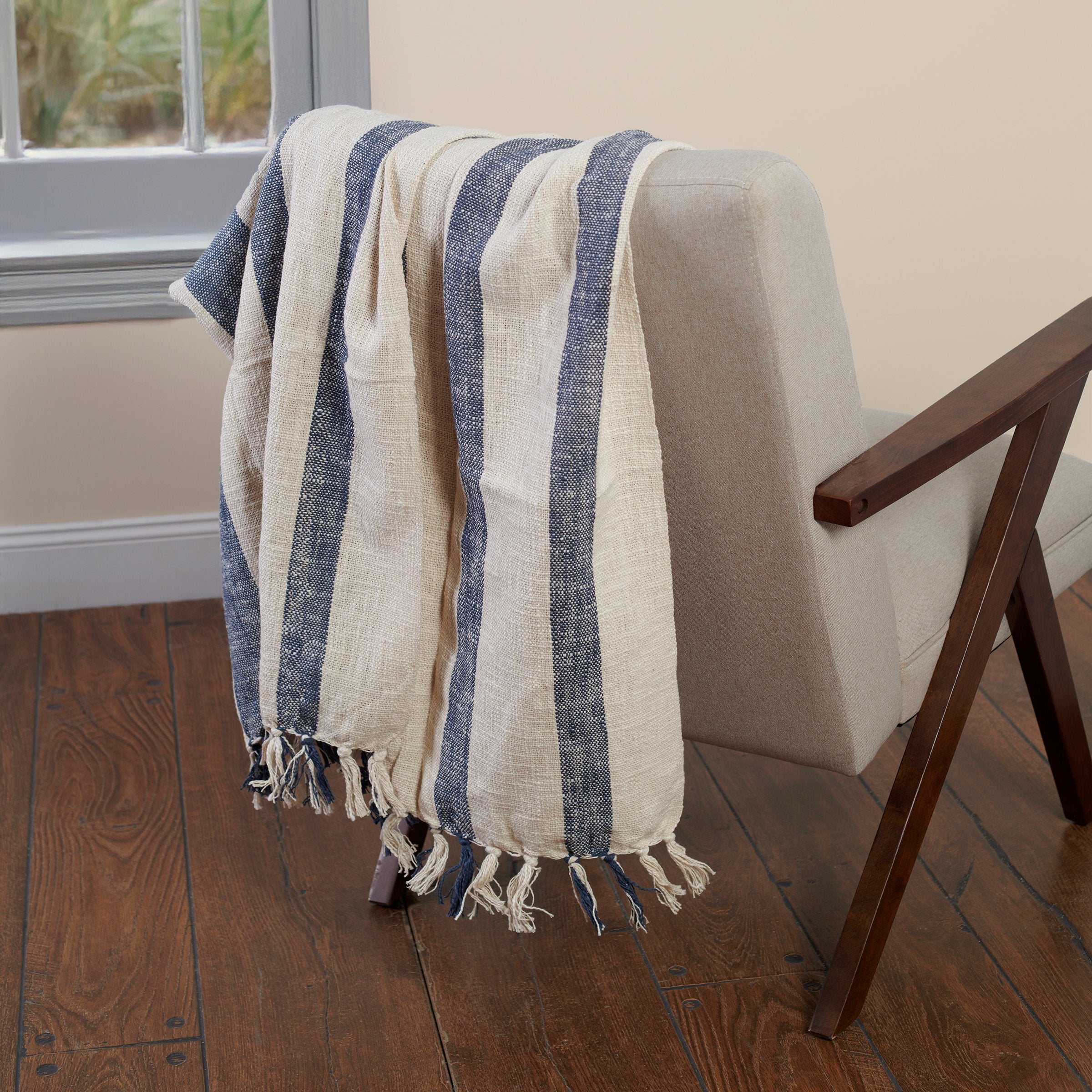 Nautical Blue Stripe Cotton Throw Blanket with Tassels - Machine Washable