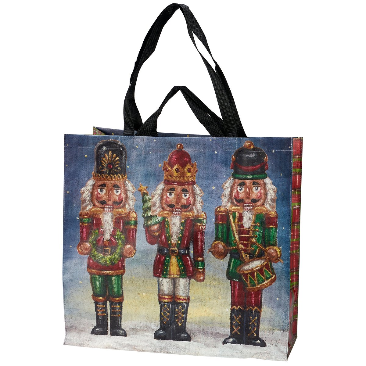 Charming Christmas Nutcracker Double-Sided Reusable Shopping Tote with Plaid Accents